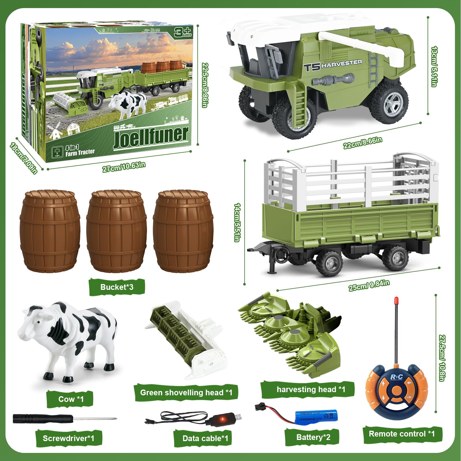 Joellfuner Cosechadora Teledirigida, Tractor Teledirigido para Niños, Tractor de Cosecha 2,4 GHz, Tractors de Cosechadora de Granja RC con Remolques y Vaca, Granja Juguete Regalo para Niños de 4+ años