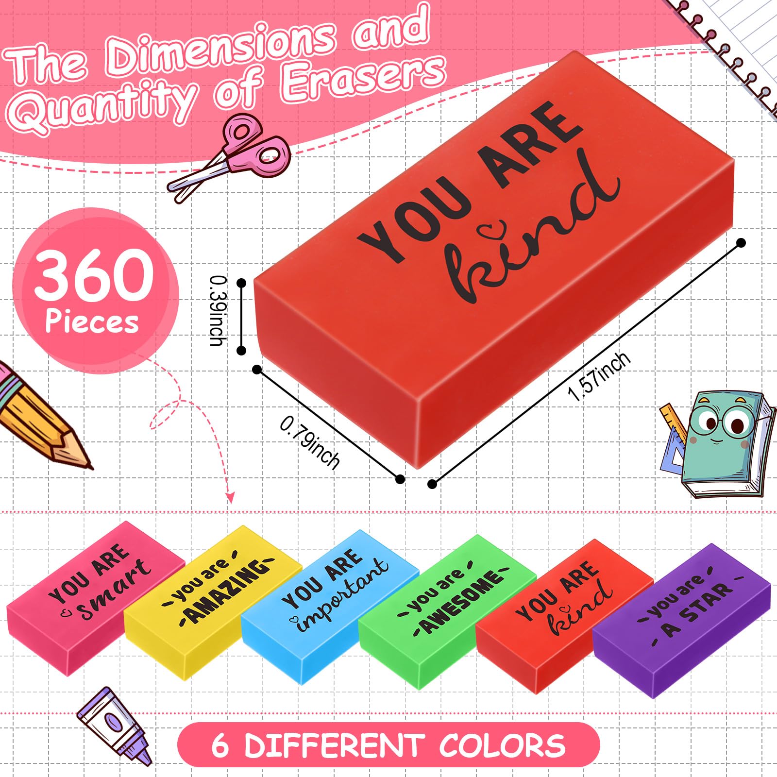 Resurhang 360 gomme da cancellare ispiratrici per bambini cristiane, regalo per il rientro a scuola, forniture motivazionali e carine per studenti, aule, disegni (colorate, motivazionali)