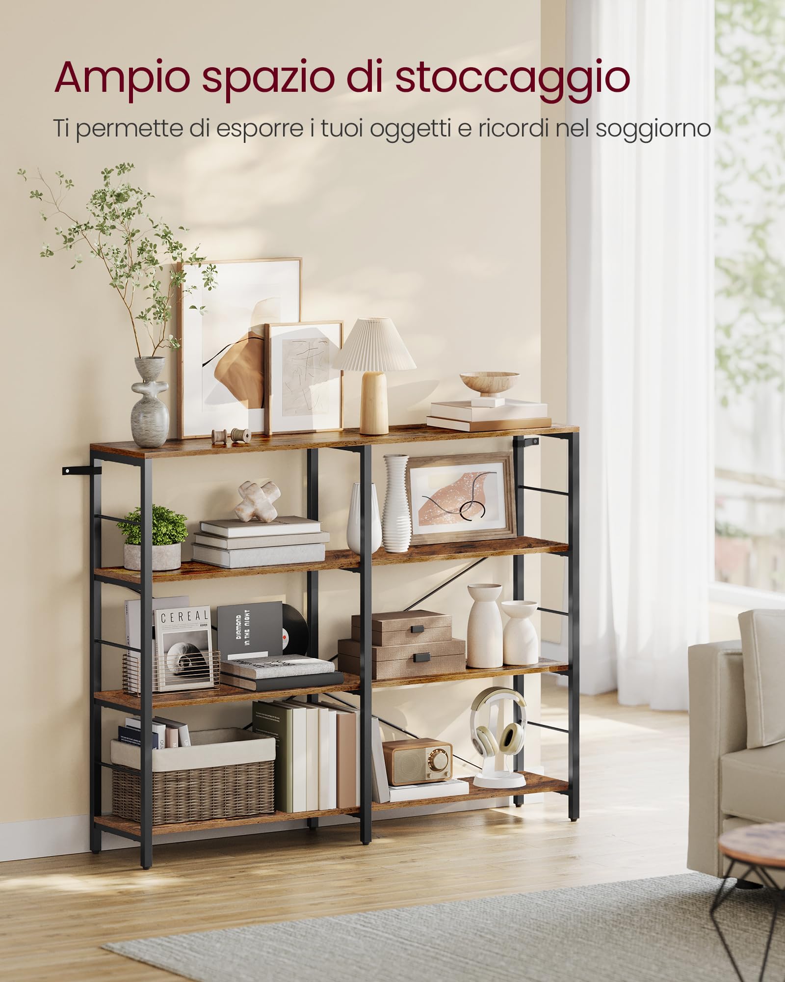 VASAGLE Libreria a 4 Livelli, Scaffale Portaoggetti, 30 x 120 x 109,4 cm, Stile Industriale, per Soggiorno, Studio, Balcone, Cucina, Marrone Vintage e Nero Inchiostro LLS131K01