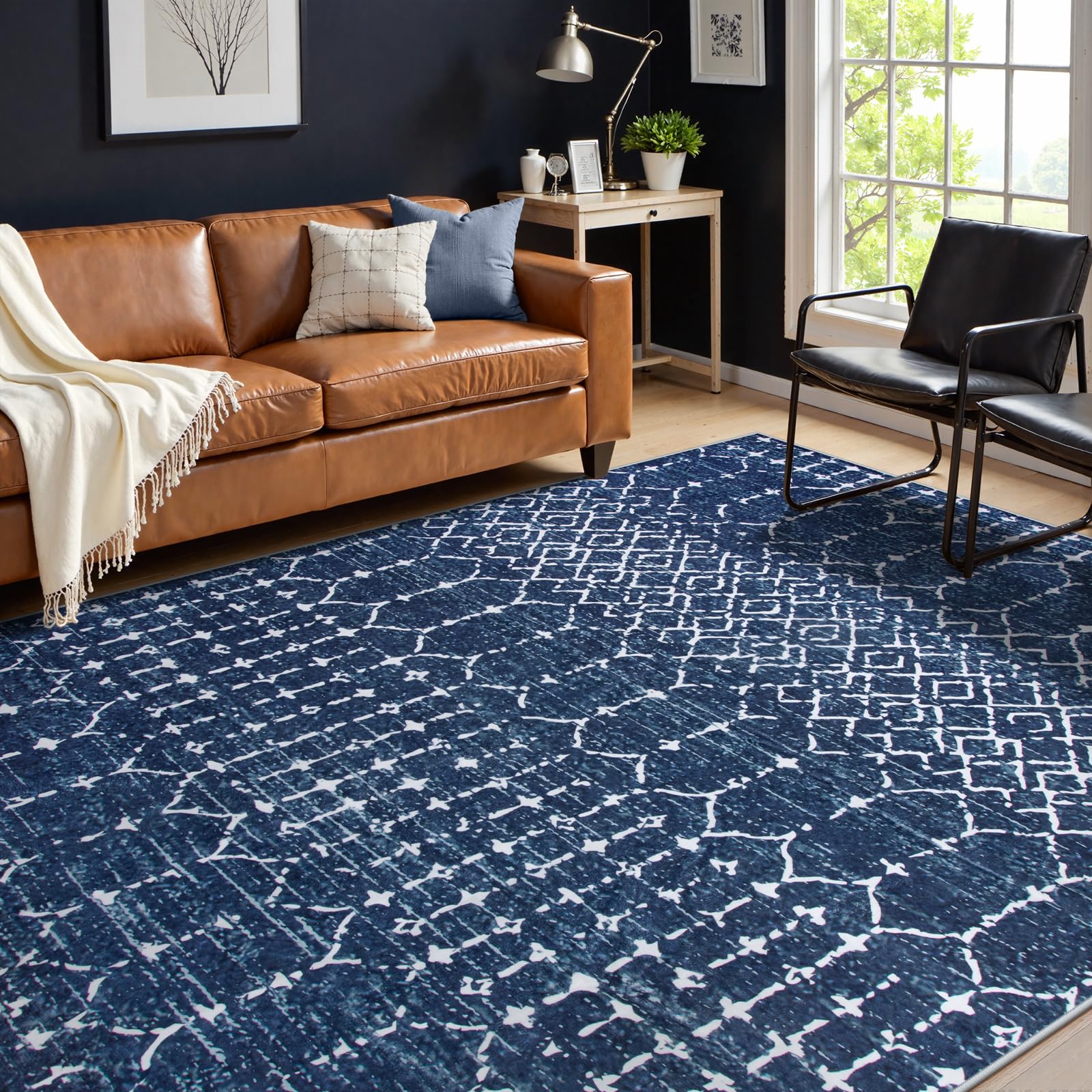 Lahome Moroccan Blue Rugs for Living Room Washable Rugs 8x10 Non