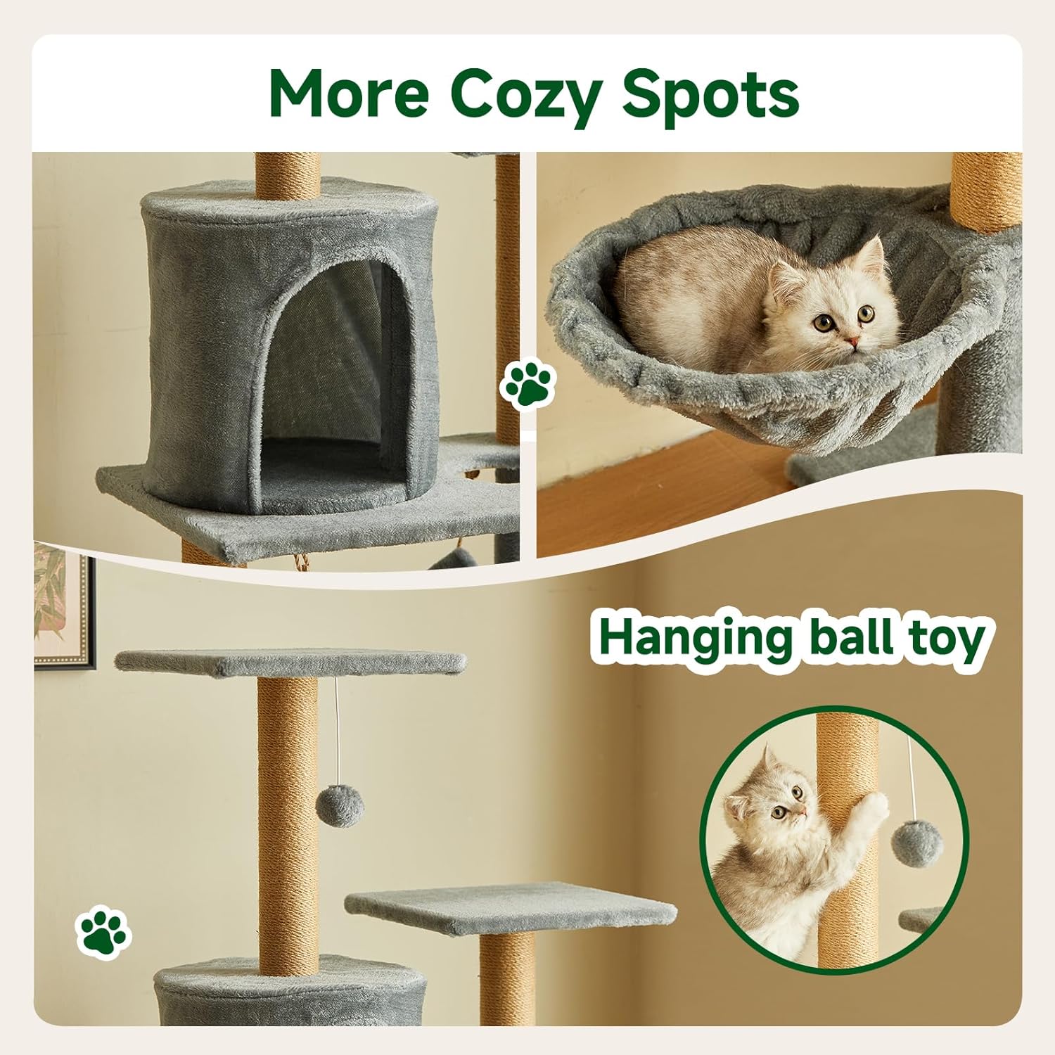 Multi-Level Cat Tree Tower, 132cm Tall, Grey Plush with Condo, Hammock, Platforms, Sisal Posts, 55x38cm Base