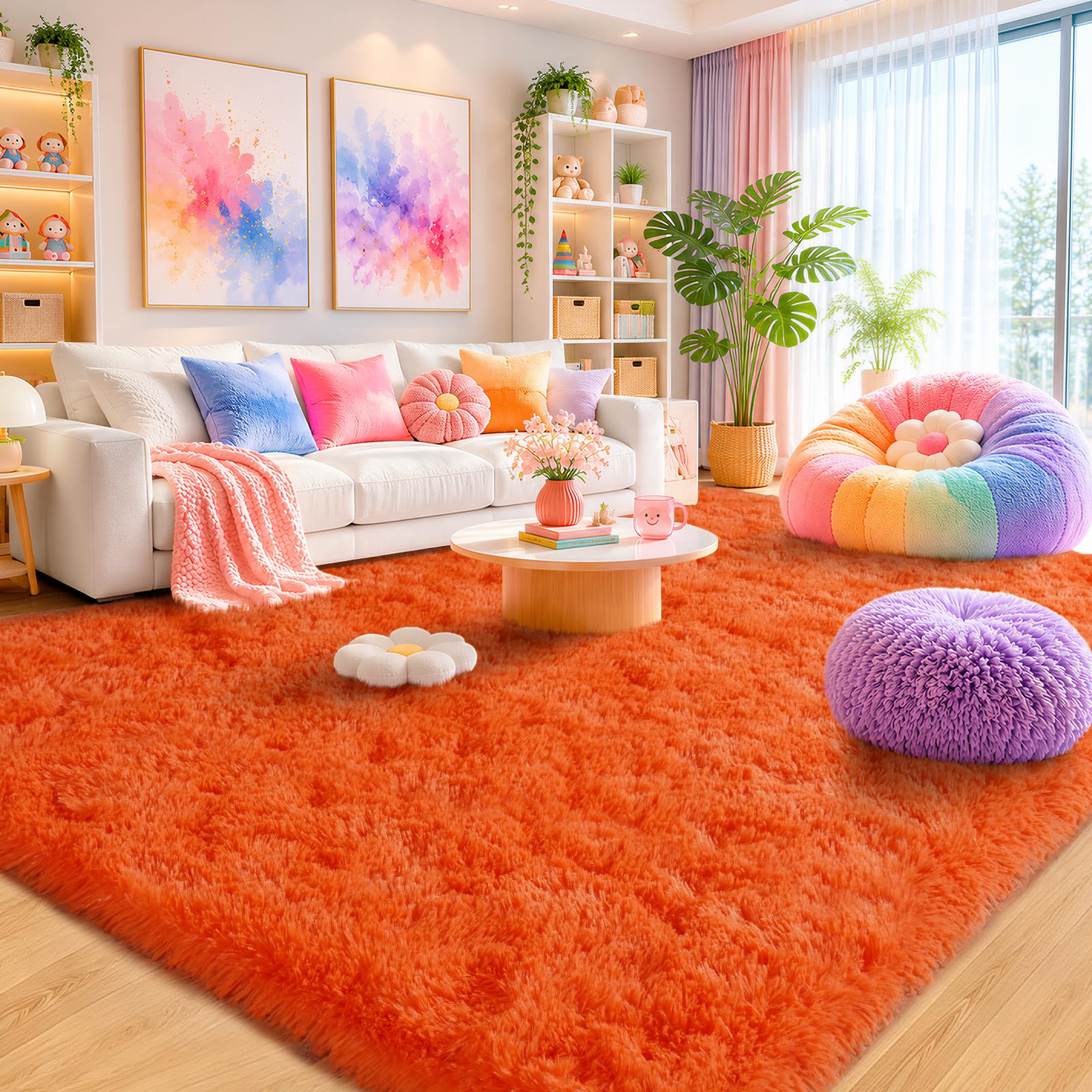 iEvery Orange Rugs for Living Room Large 200x300 cm, Fluffy Shaggy Bedroom Carpet Non-Slip, Modern Soft Plush Shaggy Indoor Rug Mat High Pile for Lounge Playroom Kids Girls Room