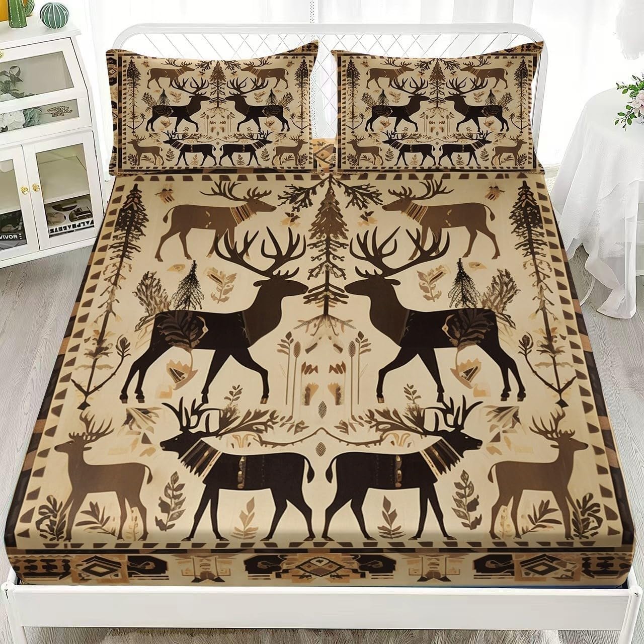 Bsyyzqc Boys Forest Double Fitted Sheet Deer Bed Sheets Deep Pocket 12 Inch (30 Cm) Soft Cozy 3 Piece Microfibre Bed Sheet 135X190 Cm With 2 Pillowcases 50X75 Cm