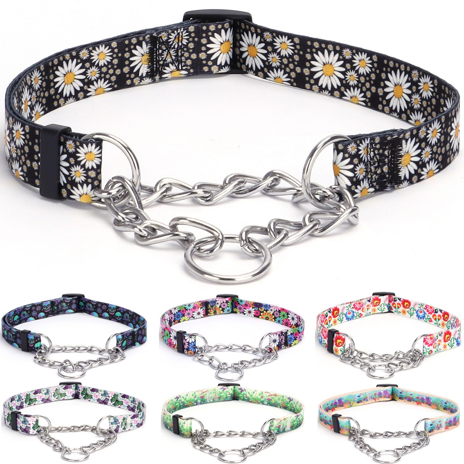 haoyueer Martingale - Collar para perro, cadena de acero inoxidable, collar de entrenamiento sin tirones con diseño floral para perros grandes, medianos y pequeños (M, margarita)