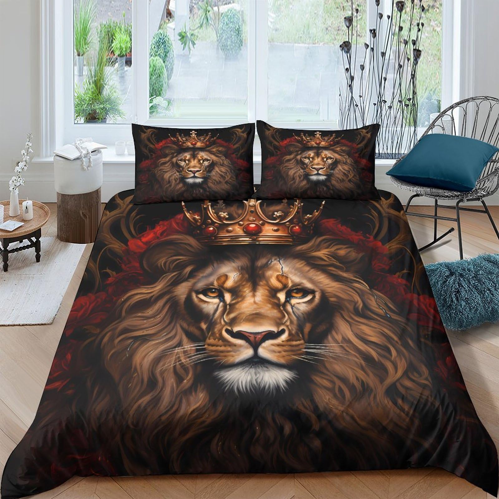 3D Printed Lion Crown Duvet Cover Set Microfiber Soft Breathable King Animal Bedding with 2 Pillowcases for Bedroom Decor Single（135x200cm）