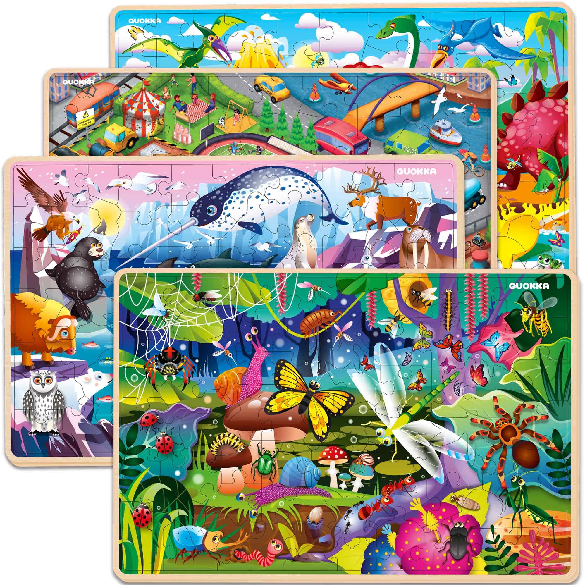QUOKKA Wooden Puzzles for Kids Ages 4-8 – 4 Set 60 Piece Puzzles for Toddlers 3-5 Year Olds - Jigsaw Learning Game with Animals Dinosaurs City for 6-8-10 yo - Gift Wood Toys for Boys and Girls
