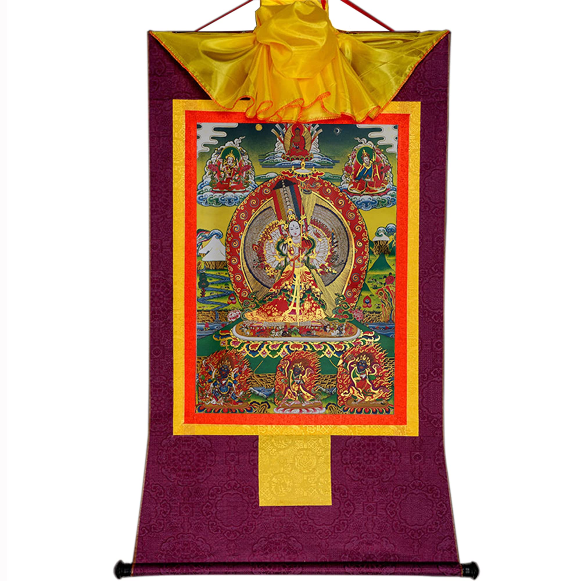 Gandhanra Tibetan Buddhist Thangka Wall Hanging,Usnisa Sitatapatra Thangka,Great White Umbrella Deity,Hot Stamped Brocade Buddhist Tapestry for Zen Home Decor, Meditation, Spiritual Relaxation