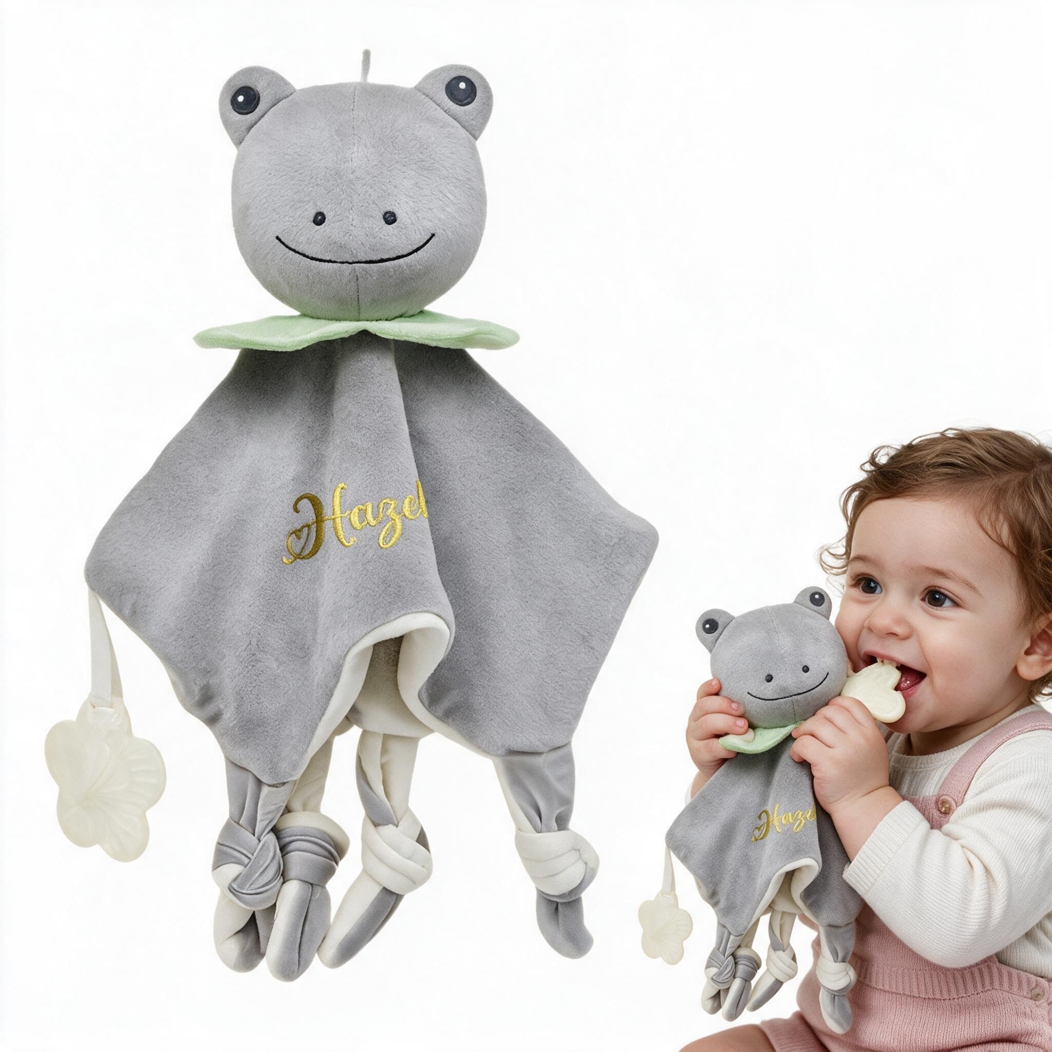 Presentimental Personalised Baby Comforter Blanket with Name Soft Plush Animal Security Blanket with Teether and Bell Baby Soother Toy Newborn Christening Shower Gift Boy Girl