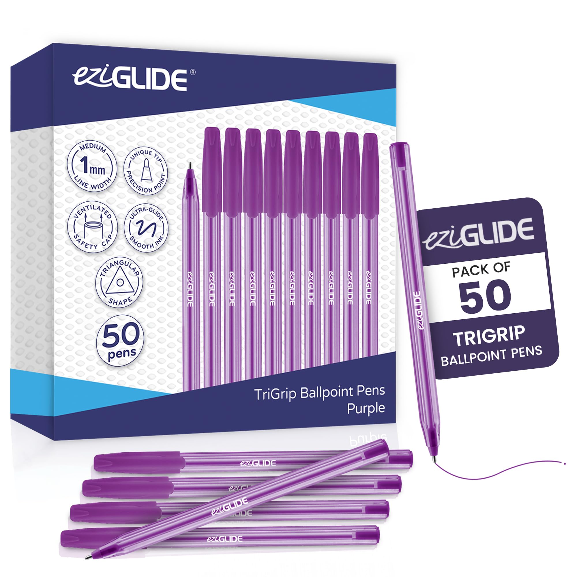 Eziglide TriGrip Ballpoint Pens Purple Ink 50-Pack, Purple Ballpoint Pen Multipack, Medium Point (1.0mm) Smooth Handwriting & Consistent Flow Triangular Barrel Black Pens for School, Home & Office