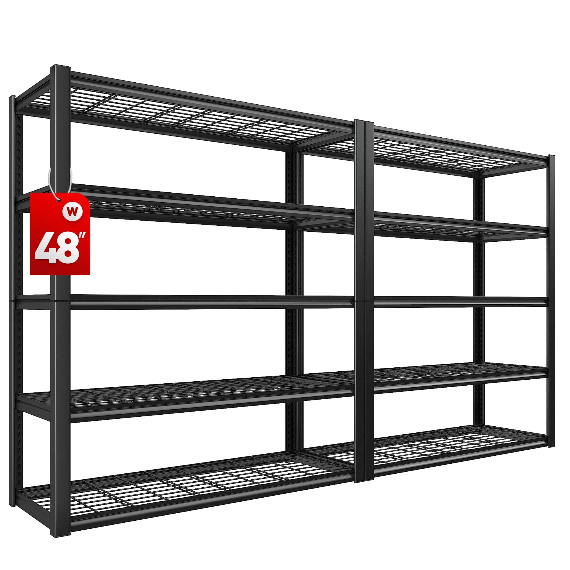 REIBII 48" W Garage Shelving Heavy Duty Load 2500LBS, 5 Tier Storage Shelves, Adjustable Metal Shelves for Warehouse, Pantry, Basement, 48" W X 72" H