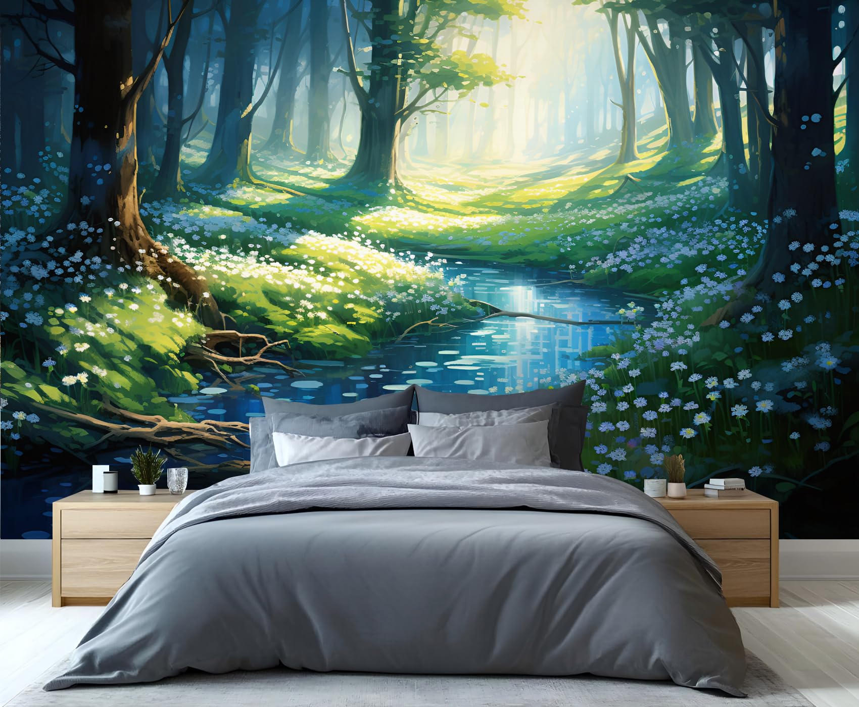 YXQAIED Cartoon Scenery Wallpaper, Forest Flowers Photo Wallpaper Natural Landscape Bedroom Kids Room Living Room Decoration Poster, 390x260cm