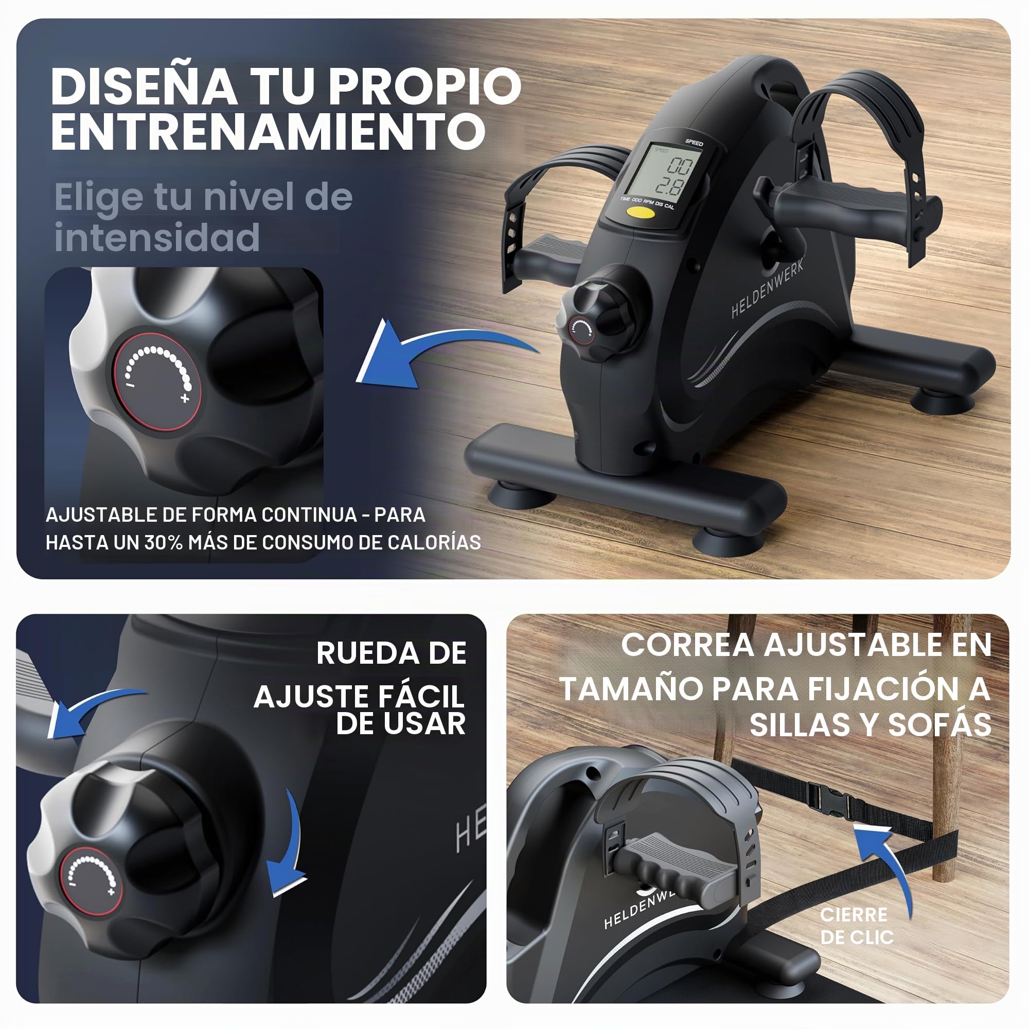 HELDENWERK Juego básico de entrenamiento de pedales, certificado TÜV/GS, incluye correa de fijación y alfombrilla antideslizante, ejercitador de brazos y piernas para el hogar, para personas mayores