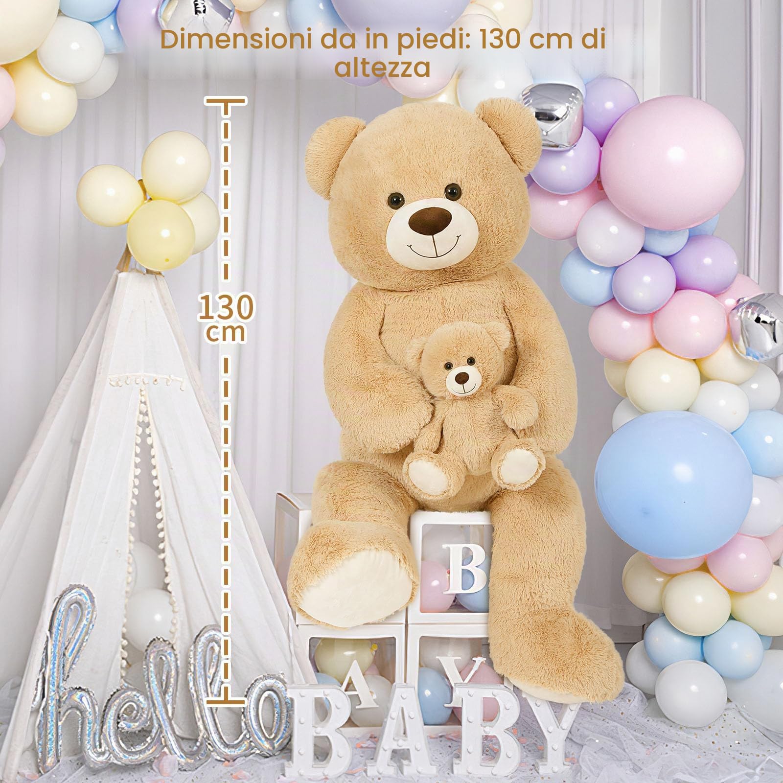 MorisMos 130cm Orso Peluche Gigante, XXL Marrone Chiaro Orsacchiotto Peluche con Bambino, Orsetto Pupazzo Grande Teddy Bear Regalo per Bambino Lei Lui Fidanzata Compleanno Decorazioni