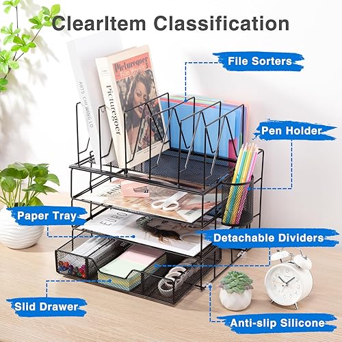 Miniatura 6 de Housmile Organizadores y accesorios de escritorio, organizador de escritorio de 5 niveles con clasificadores de archivos, bandeja de papel, cajón y