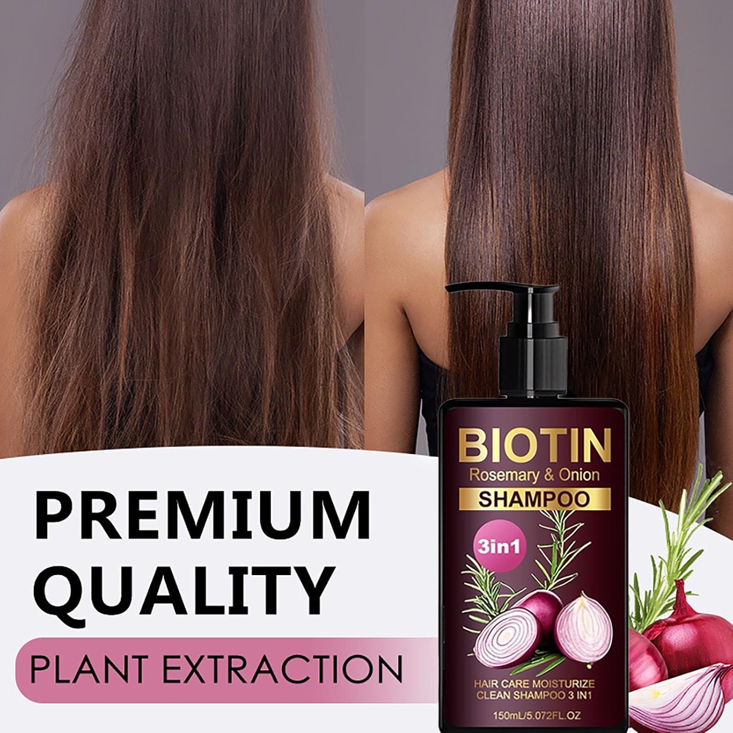 Onion & Rosemary Shampoo for Hair Growth, Onion Biotin and Rosemary Shampoo for Hair Loss and Thinning Hair, Hair Care Moisturize Clean 3 In 1 for All Hair Type 5.07 Fl Oz (150ml) - Image 2