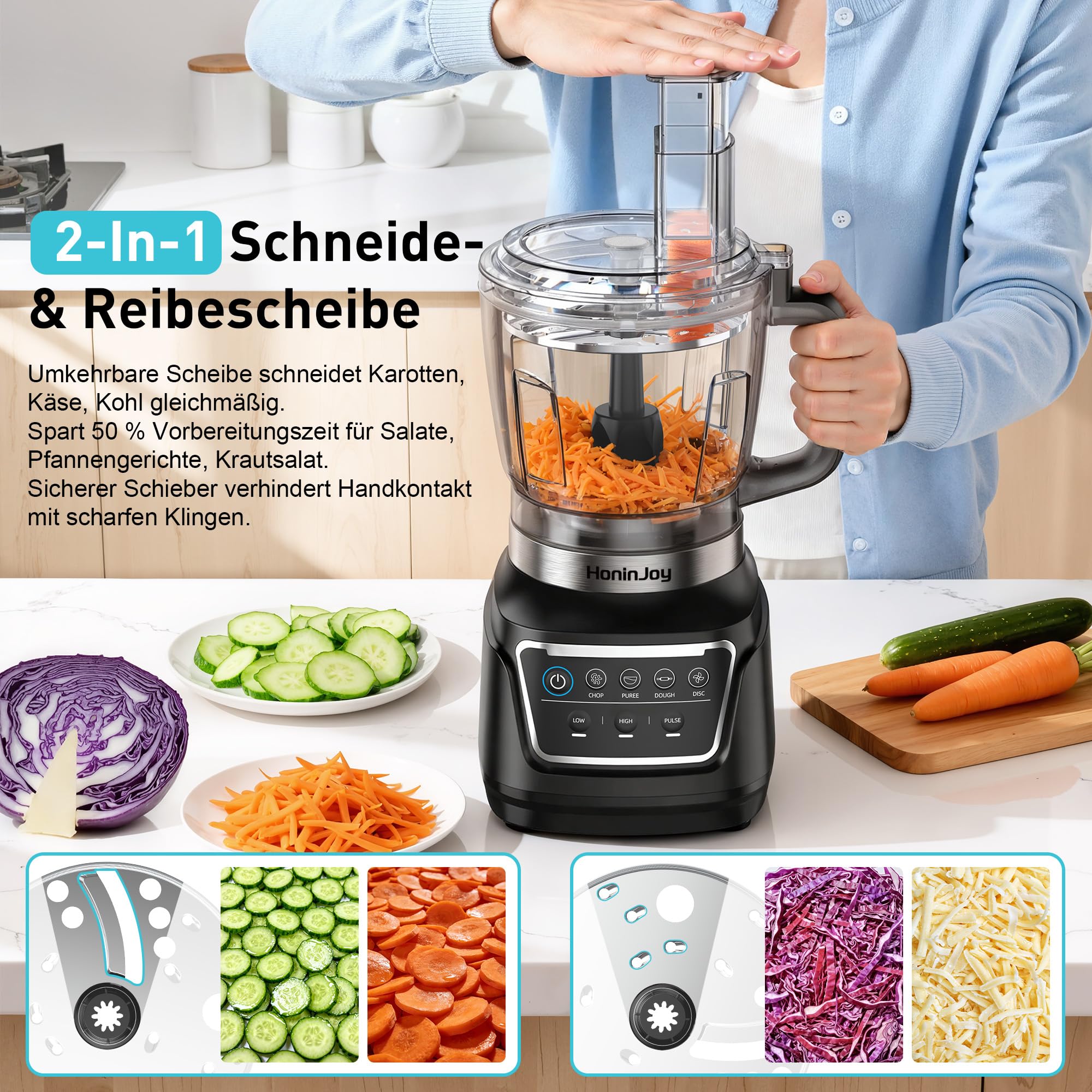 10-in-1 küchenmaschine und Mixer Kombination,1300w-Kompakt-Küchenmaschine für Schnitzel Universalmesser zum Zerkleinern von Fleisch/schneiden und raspeln/Teig/Smoothies Spülmaschinenfest