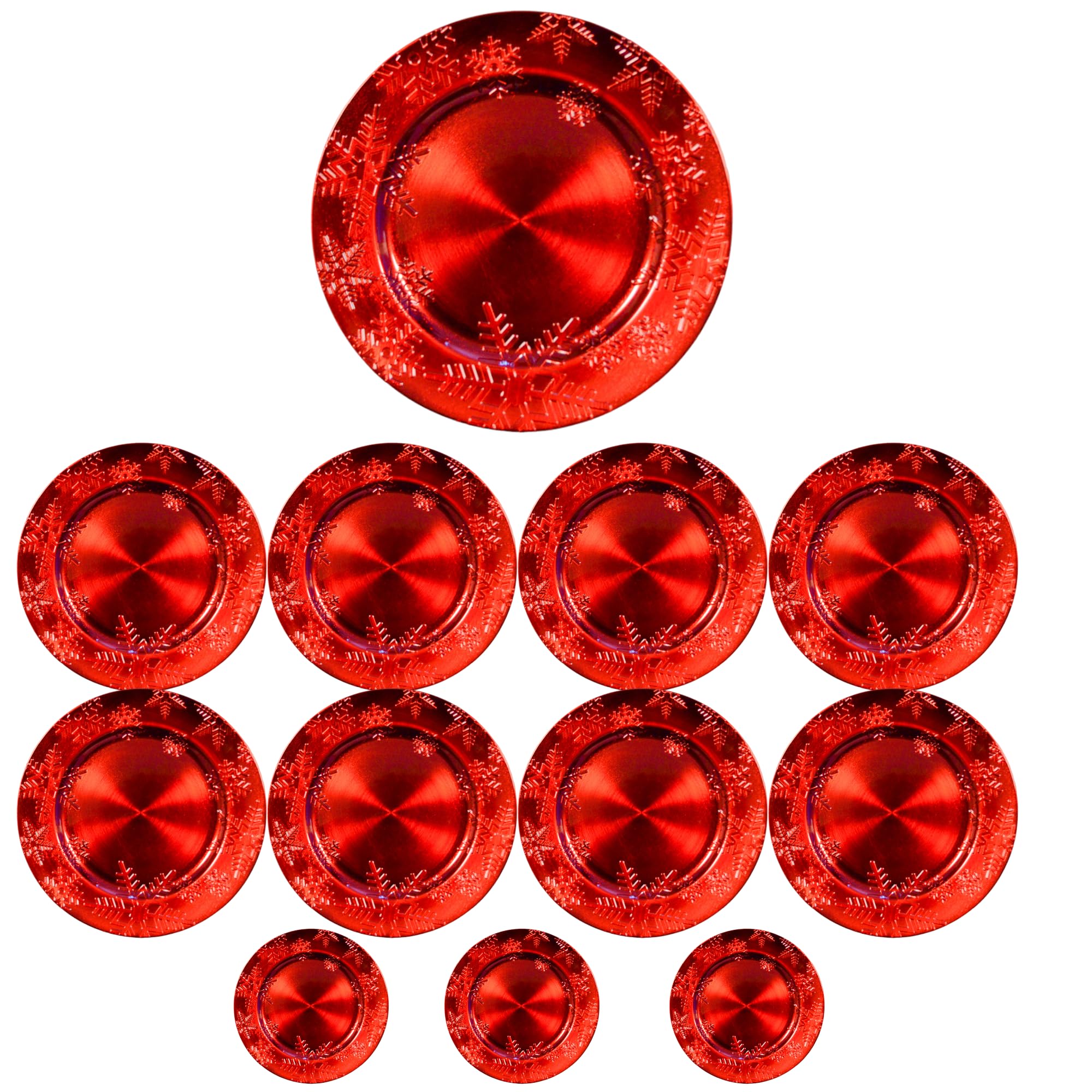 Sottopiatti Rosso FIOCCO DI NEVE Bordo SPAZZOLATO, uso Decorativo in plastica Rigida Bordo RIGHE, Tondo 33 cm, Natale cenone sotto Piatto Natalizio Cenone Capodanno Aperitivo (6 e 12 pz) (12)
