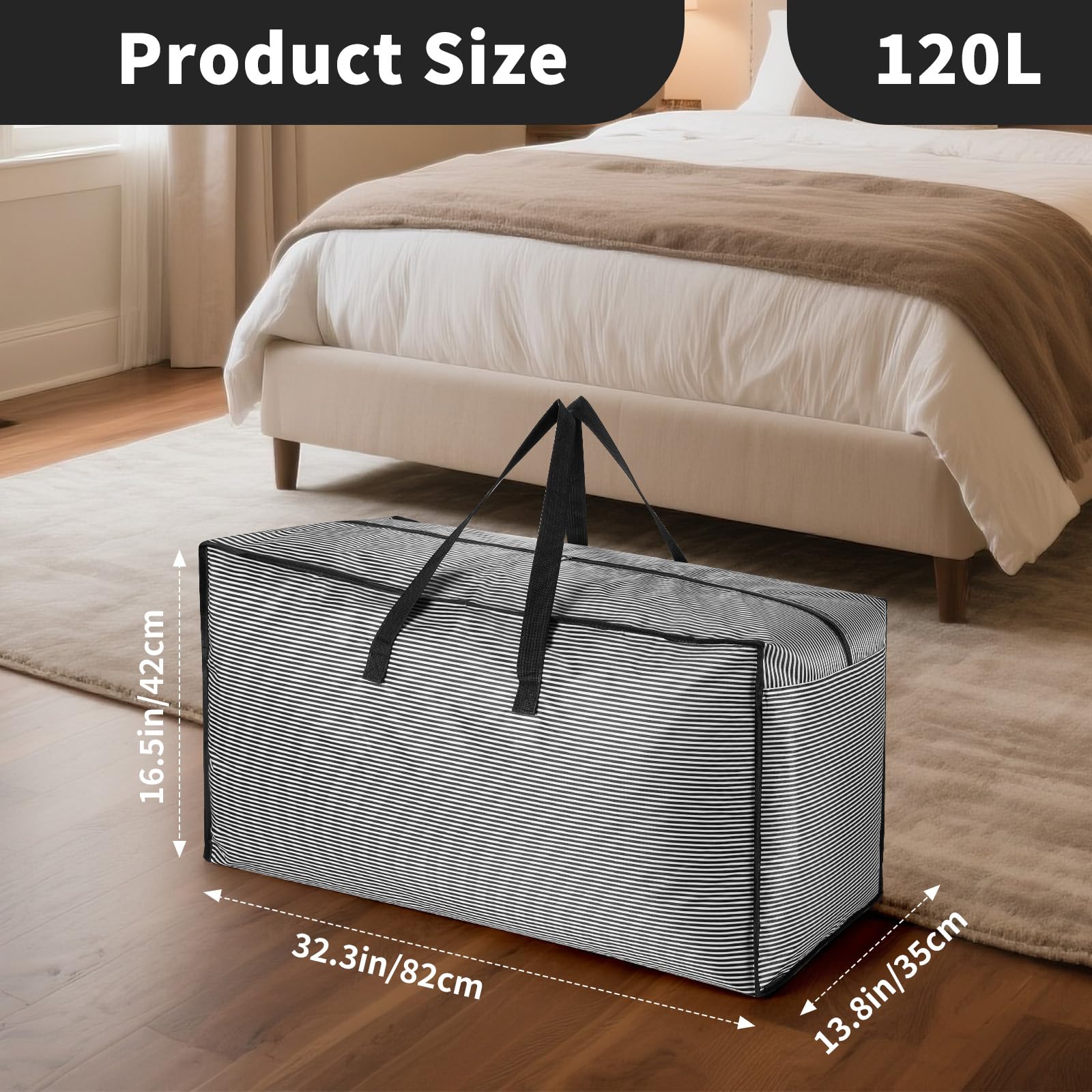 Lot de 6 sacs de rangement extra larges de 120 l avec couvercles pour déménagement, boîtes de rangement solides avec poignées zippées, sacs à linge durables pour vêtements