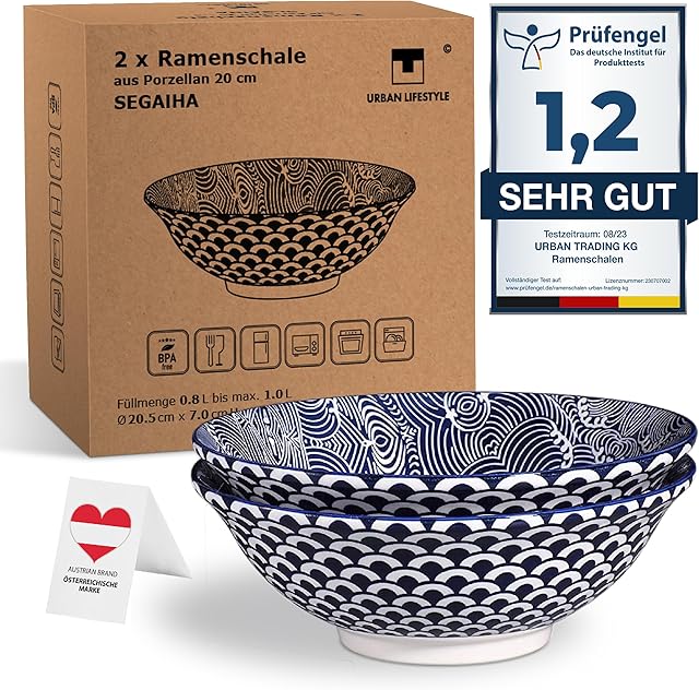 2 x porcelanowa miska do ramenu 20 cm z niebiesko-białym japońskim wzorem Seigaiha