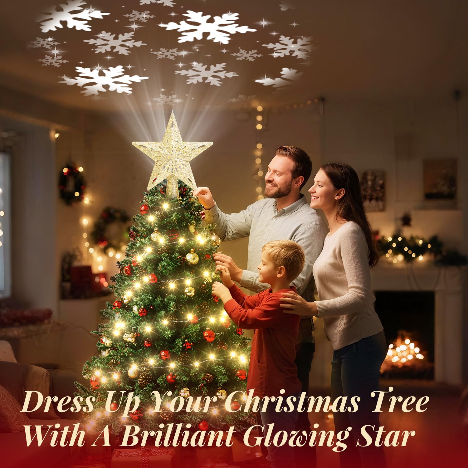 Cimier de sapin de Noël éclairé avec guirlande lumineuse chaude de 10 m - Décoration de sapin de Noël avec projecteur rotatif 3D - Pour intérieur ou extérieur - Pour fête de Noël - Doré