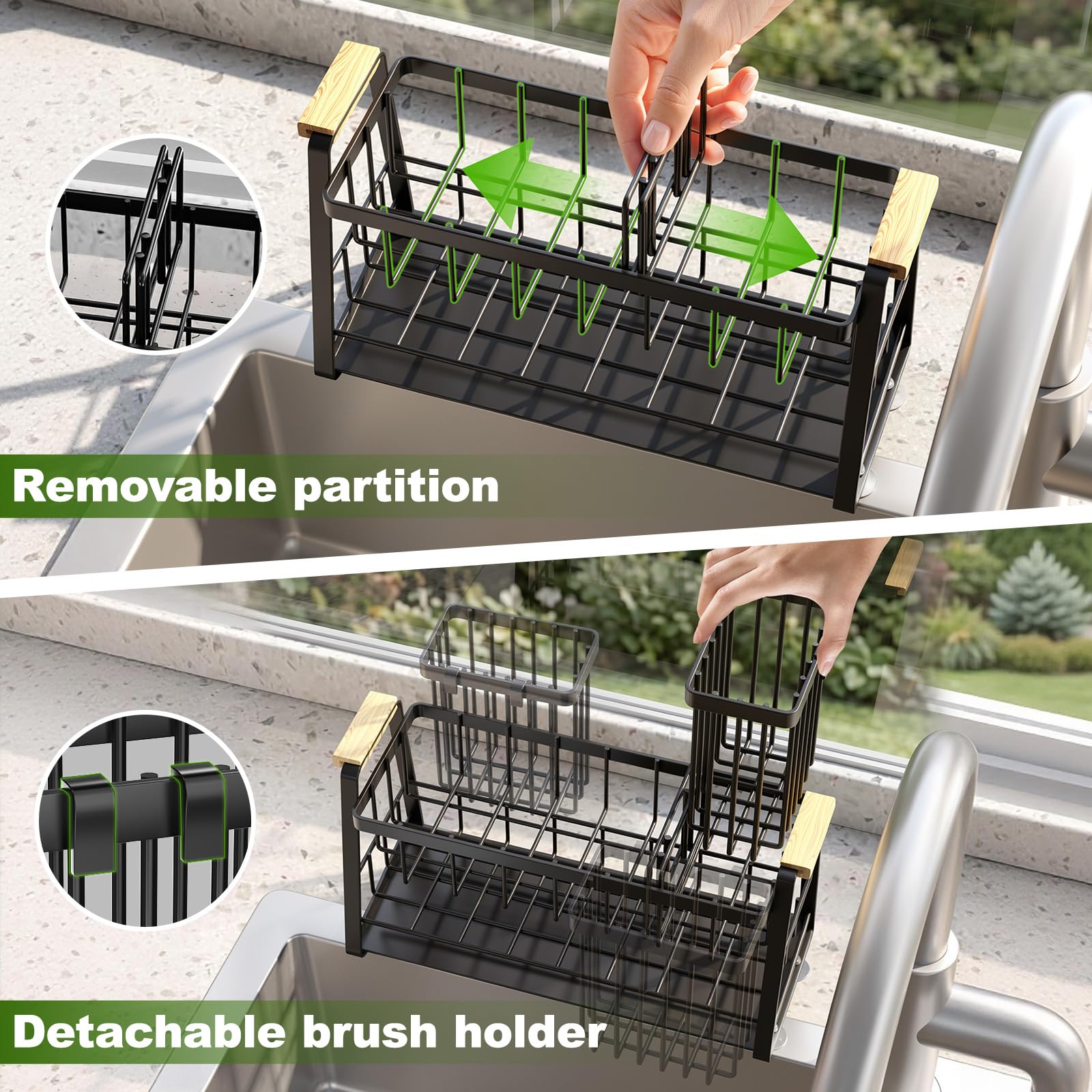 Housolution Portaspugna per Lavello Cucina, Organizer per Lavello 2 Livelli con Portaspazzole Alto e Flessibile, Accessori per Stoccaggio del Piano Cucina, Porta Dispensatore di Sapone, Antiruggine