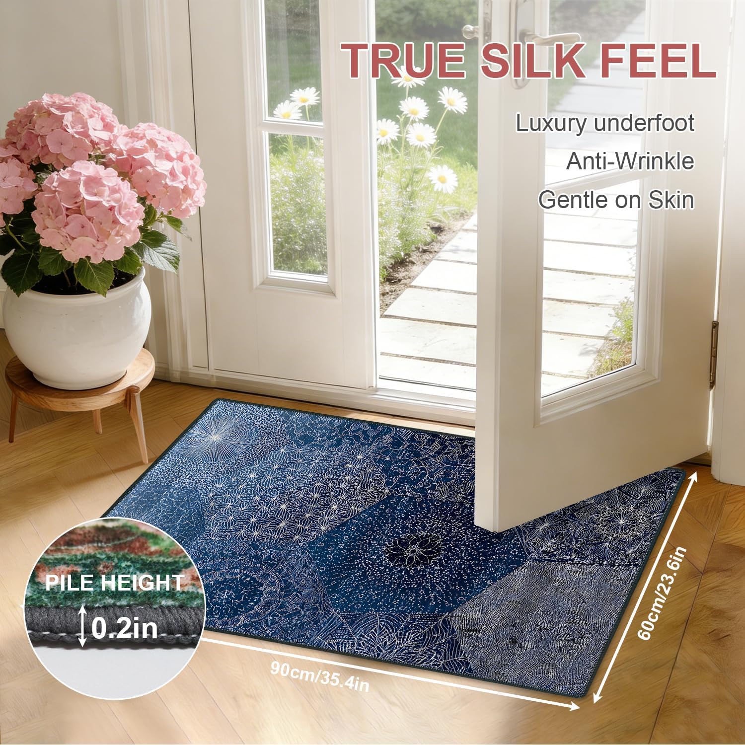 Navy Blue Washable 2x3 Entry Rug, Small Area Rugs for Bedroom Office Entry Door Mat, Non Slip Backing, Glitter Starry Night Sky Texture Celestial Modern Glam Decor