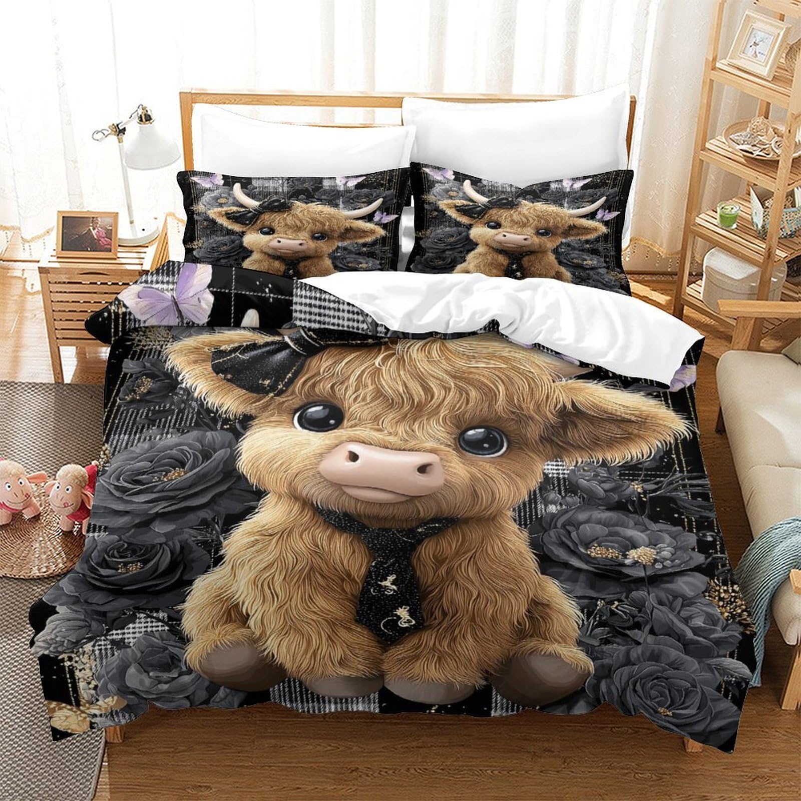 MJFCoin Highland Cow 3D Printed Duvet Cover Microfibre Soft Cute Quilt Covers Bedding Sets with Pillowcase Easy Care Comforter Cover Hidden Zipper for Kids Boys Girls Super King（260x220cm）