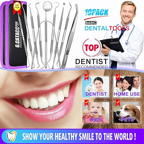 Miniatura 10 de G.CATACC Herramientas dentales, paquete de 10 removedores profesionales de placa para limpieza de dientes, kit de higiene dental de acero inoxidable