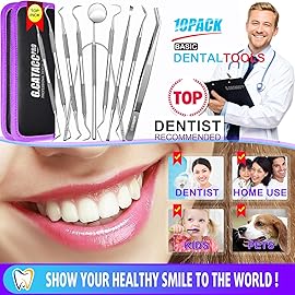 G.CATACC 10 Pack Dental Tools, Professional Plaque Remover for Teeth Cleaning Tools Set, Stainless Steel Hygiene Kit with Dental Pick Tooth Scraper Plaque Tartar Remover Tongue Cleaner - with Case