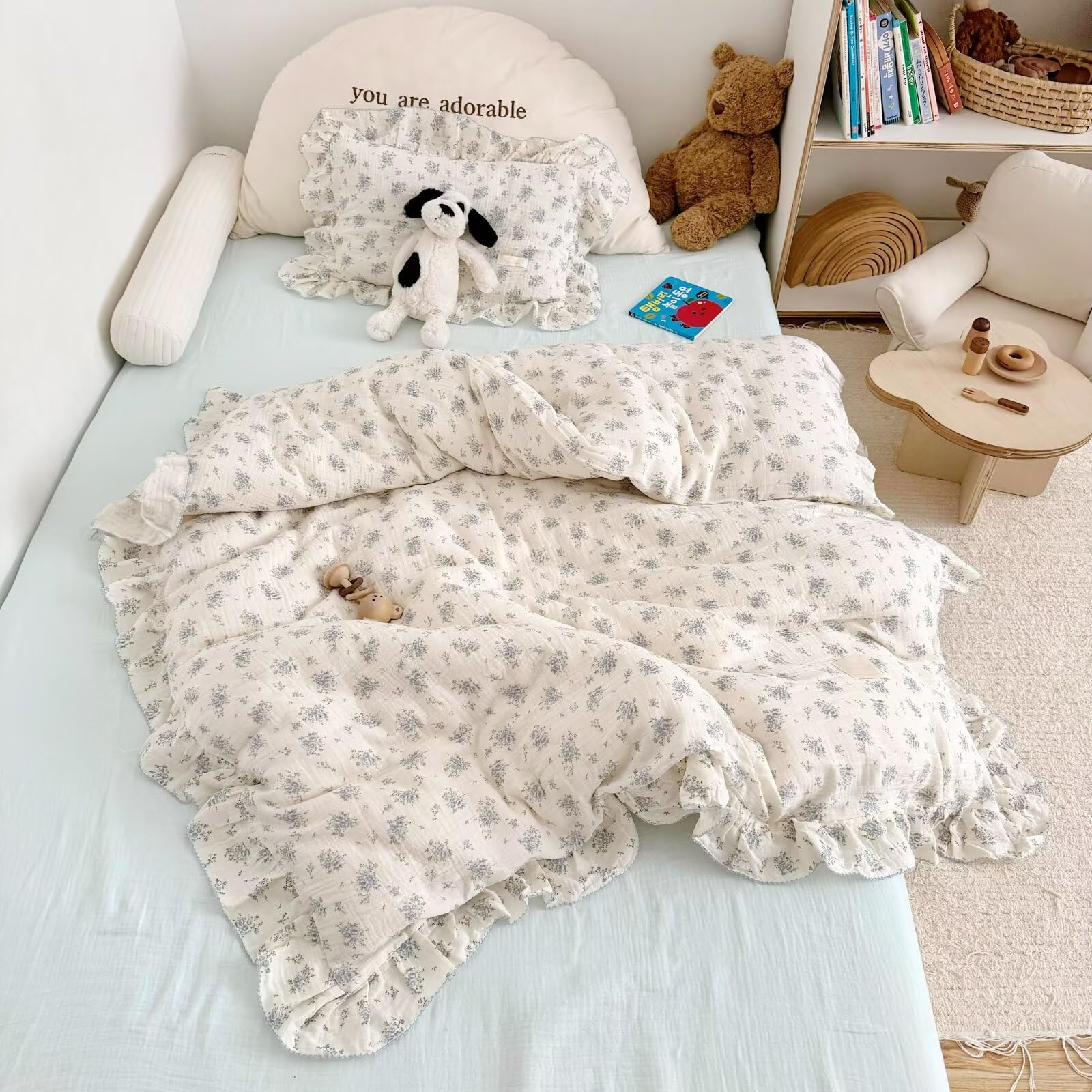 BuLuTu Blue Floral Toddler Duvet Cover with Ruffle, Freesia Print,No Pillow