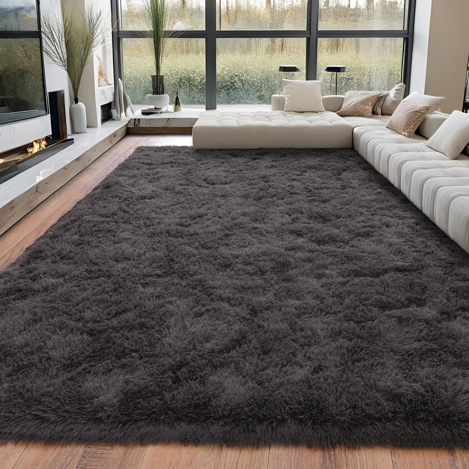 BSGIFT Alfombra de color antracita, 200 x 300 cm, pelo largo, mullida, alfombra para salón, alfombra de pelo largo, alfombra de pelo alto, antideslizante, alfombra extra grande para dormitorio