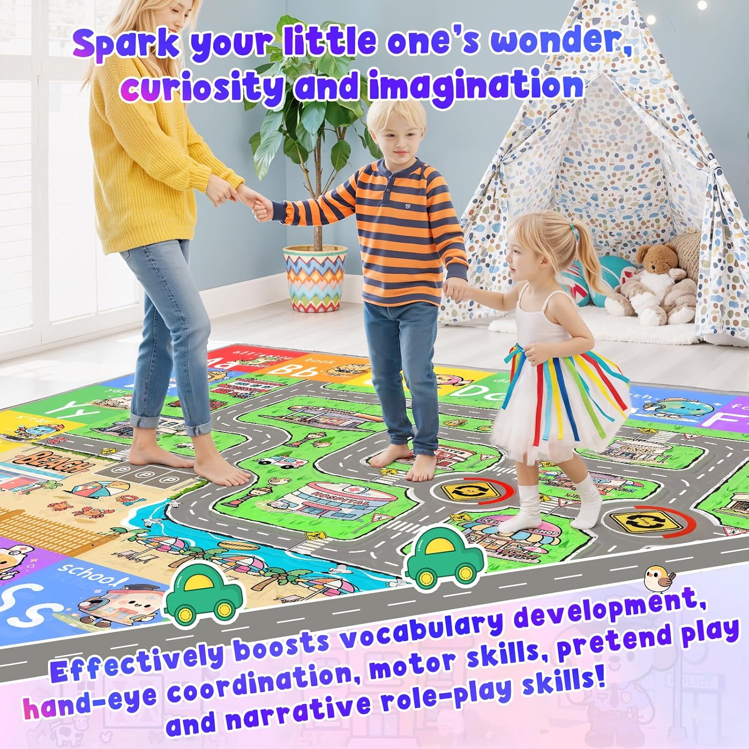 Kids Road Rug for Playroom, Bedroom, Classroom, 4x6 Kids Car Rug Play Mat with Alphabet, Car Track - Educational Kid Playmat, Non-Slip & Soft ABC Rugs for Nursery, Daycare & Elementary
