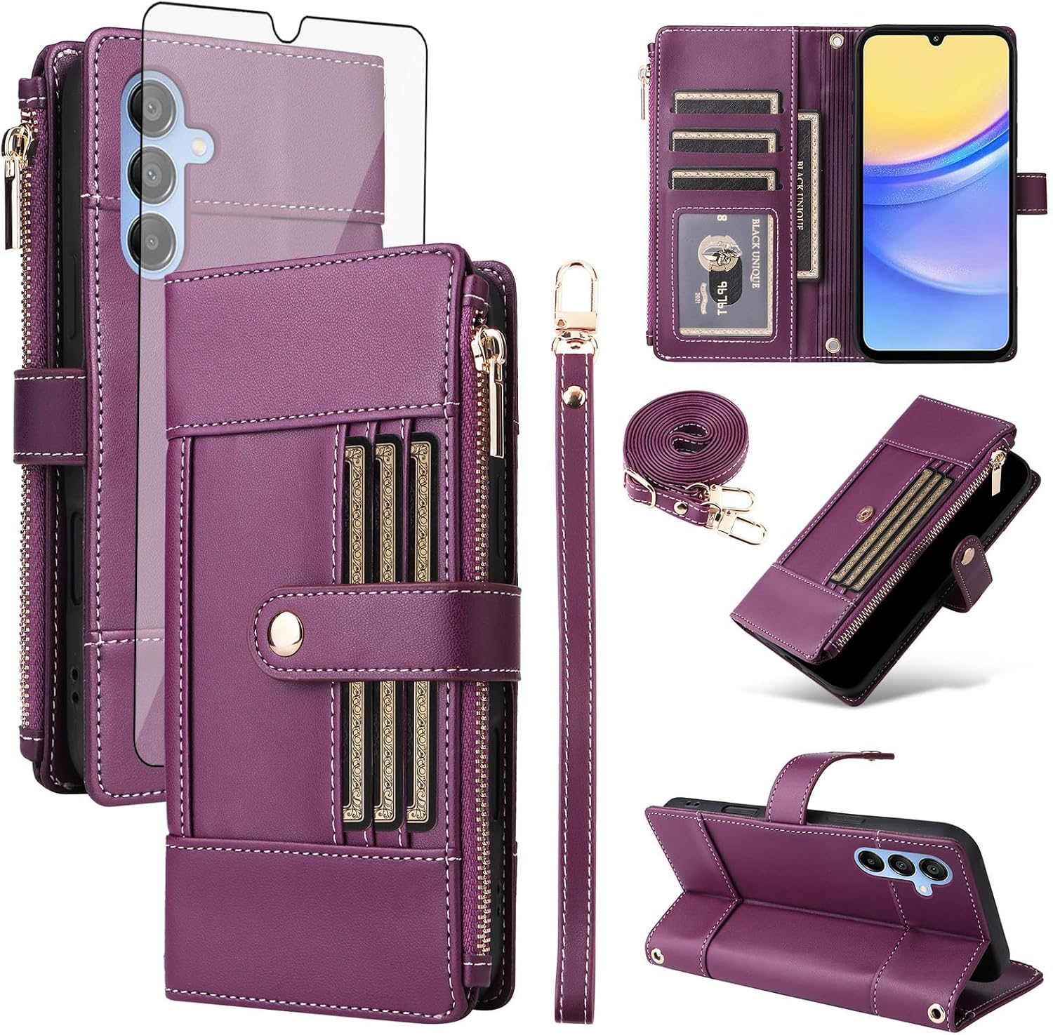 Asuwish Phone Case for Samsung Galaxy A16/A26 5G Wallet Cell Cover with Tempered Glass Screen Protector RFID Blocking Crossbody Strap Flip Card Holder Slot A 16 26 16A 26A 4G SM-A166U Women Men Purple