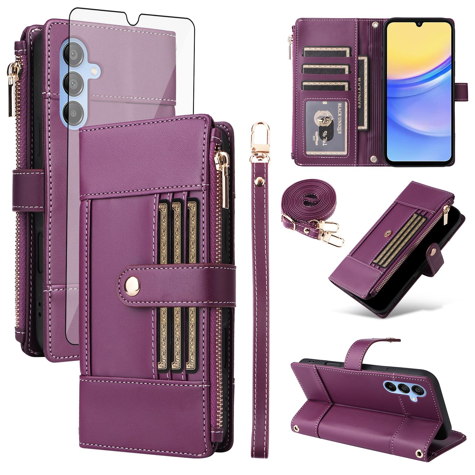 Asuwish Phone Case for Samsung Galaxy A16/A26 5G Wallet Cell Cover with Tempered Glass Screen Protector RFID Blocking Crossbody Strap Flip Card Holder Slot A 16 26 16A 26A 4G SM-A166U Women Men Purple