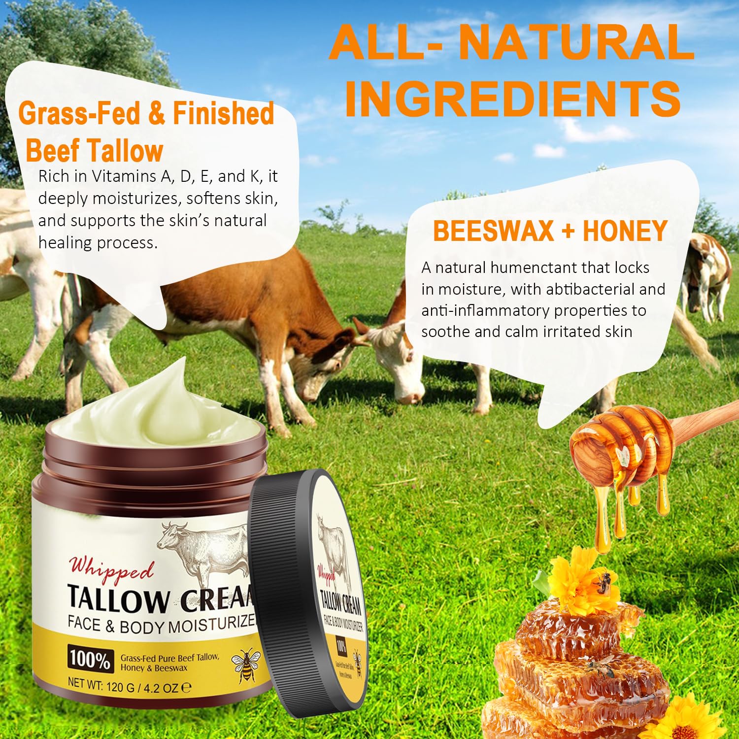 Beef Tallow Skin Care 120 g, Tallow and Honey Balm for Face & Body-100% Grass-Fed Beef Tallow - Image 3