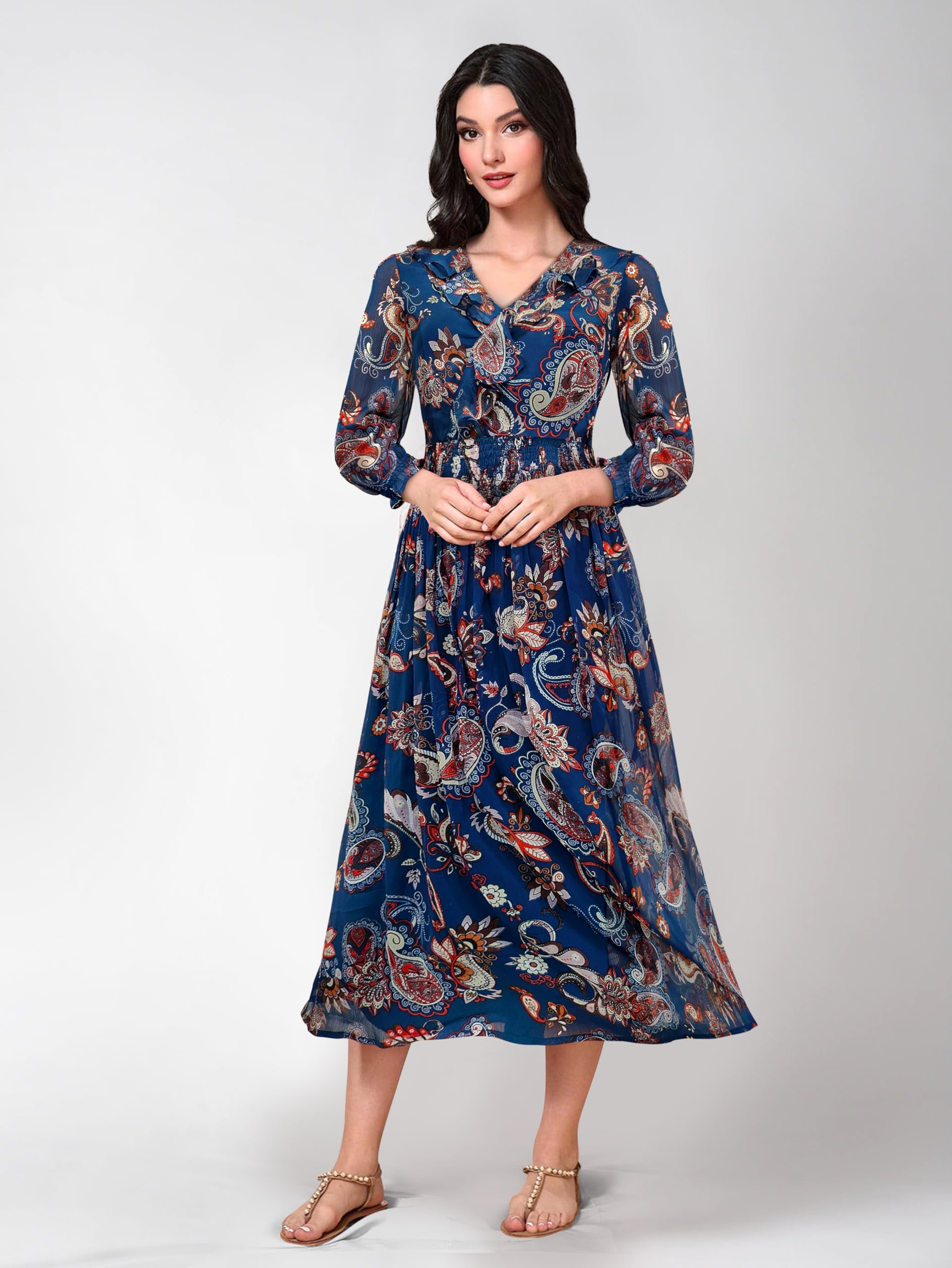 Toochki Dresses For Women | Dress For Women | Flared Dress | Navy Blue Western Dress | Latest Women Dress | Flared Trendy Dress | Midi Dress (Tkcbl-Ge-025-Nb-Dr Parent)
