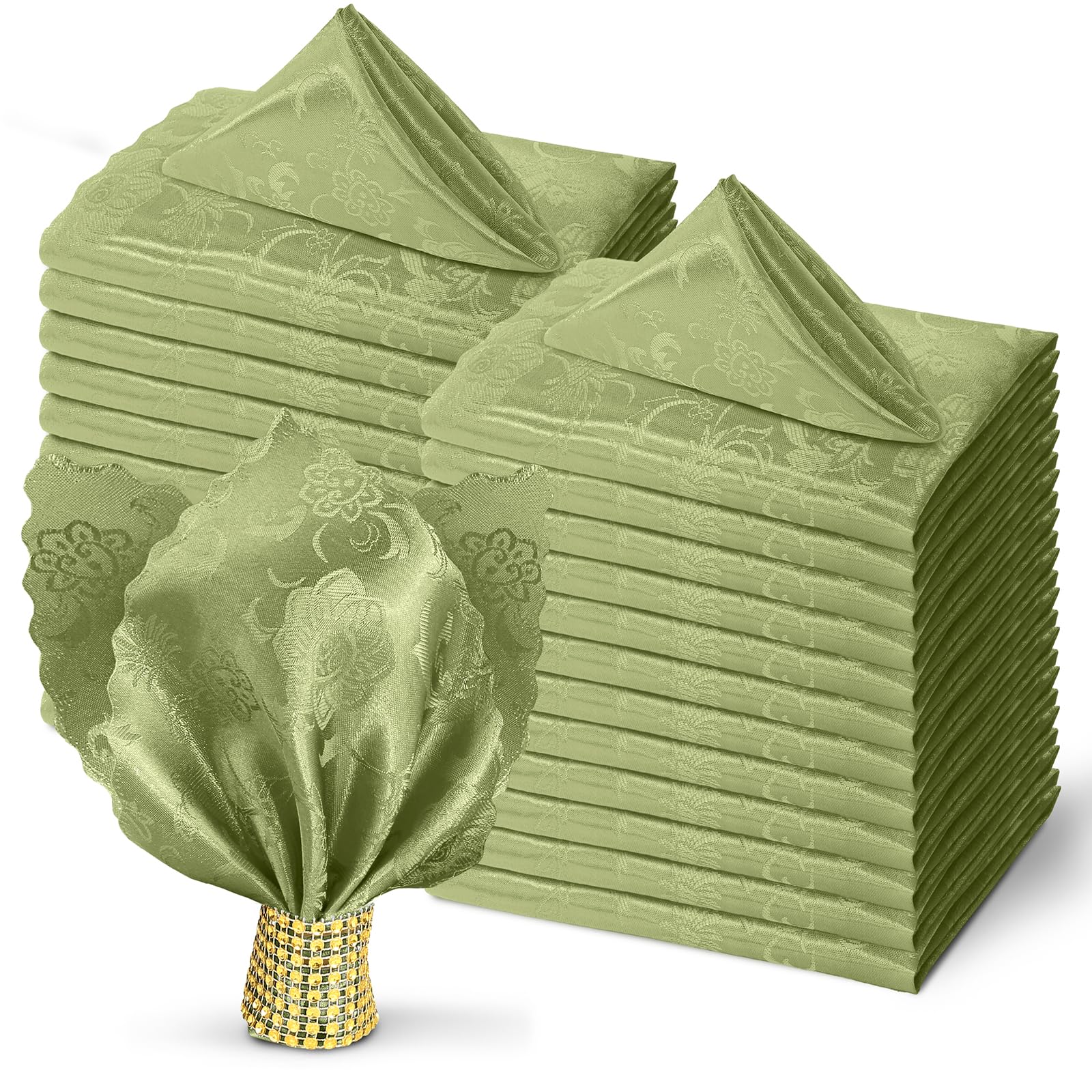 KKJIAF 24 Pack Sage Green Damask Satin Table Napkins 17 x 17 Inch, Square Jacquard Silky Cloth Napkins for Wedding Banquet Party Restaurant Dinner Decoration