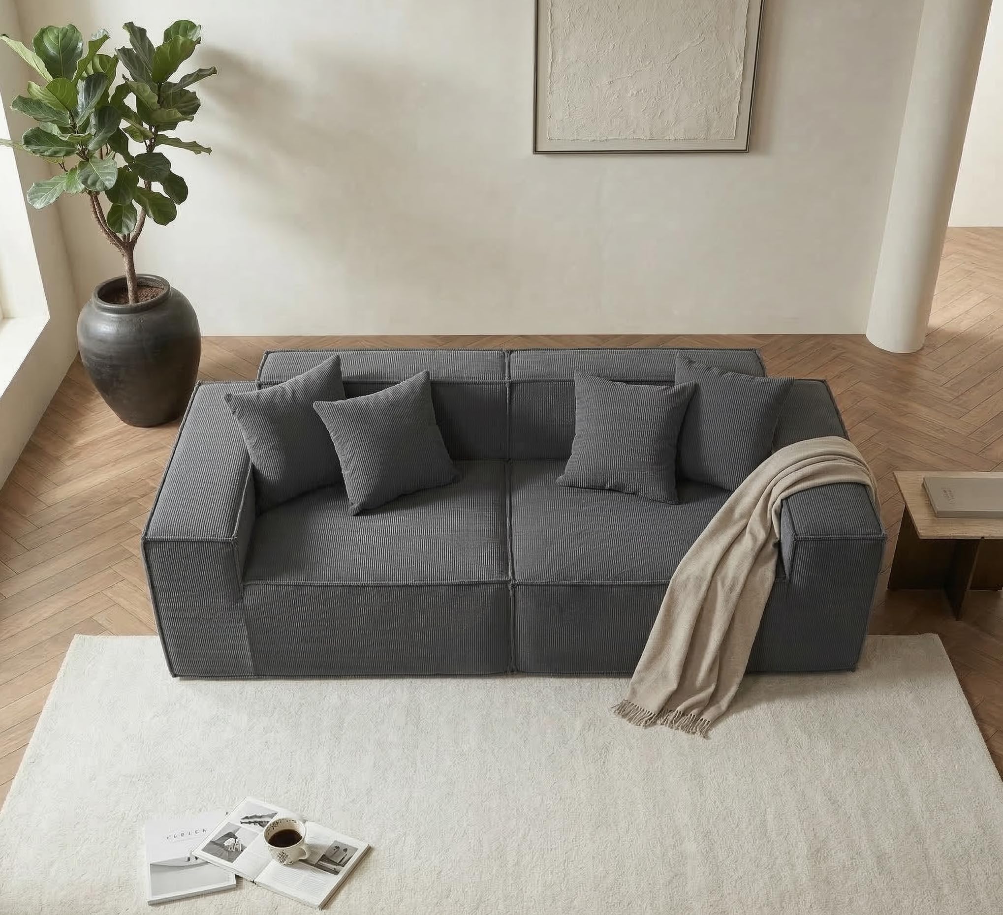 Sofá Cube Modular Espuma Comprimida al vacío envío en Caja Sin Montaje (Pana Gris, Sofá 2 Piezas)