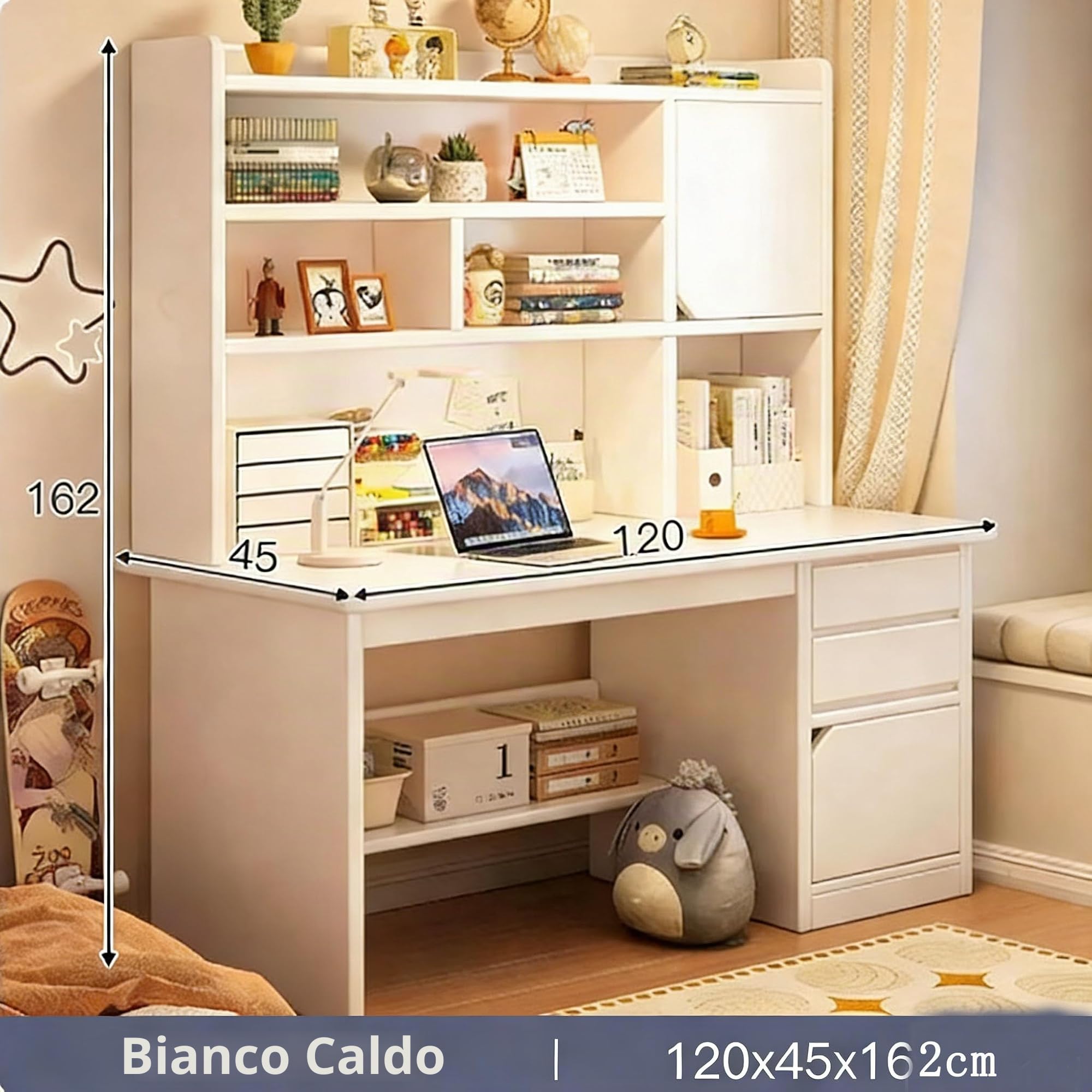 scrivania con libreria e cassetti,Scrivania per Casa e Ufficio con Ripiano Portaoggetti e Libreria Postazione di lavoro domestica con scaffali contenitori per PC per Lavorare e Studiare