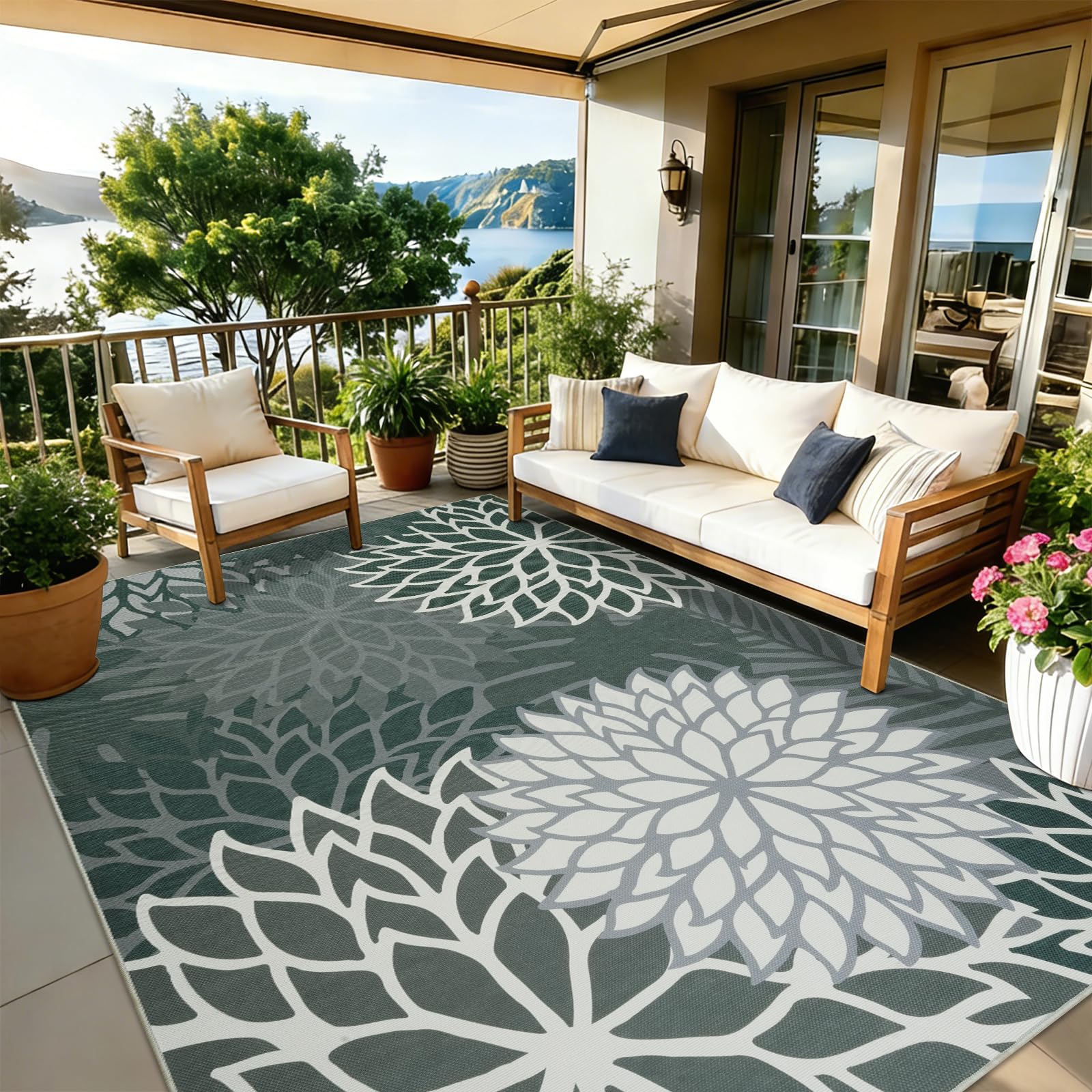 Homcomodar Outdoor Rug 160x230cm Jute Rugs Living Room Washable Indoor Outdoor Rug Living Room Non-Slip Flower Garden Rug for Patio Balcony Deck Living Rooms Kitchen Bedroom(Dark Gray)
