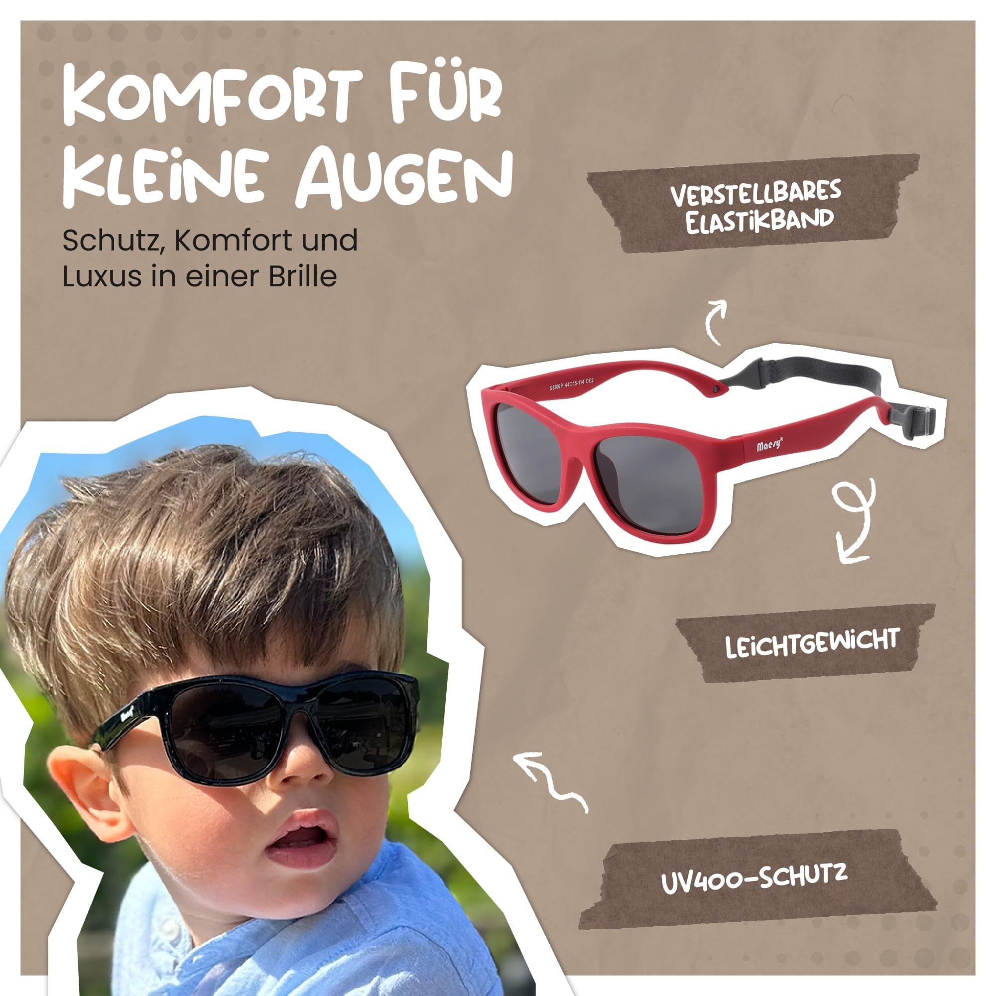 Gafas de Sol para Bebé y Niño, 1-3 Años, Protección Polarizada UV400, Montura Flexible y Blanda, Cinta Elástica Ajustable, Gafas de Sol Seguras y Cómodas para Niños, Luca