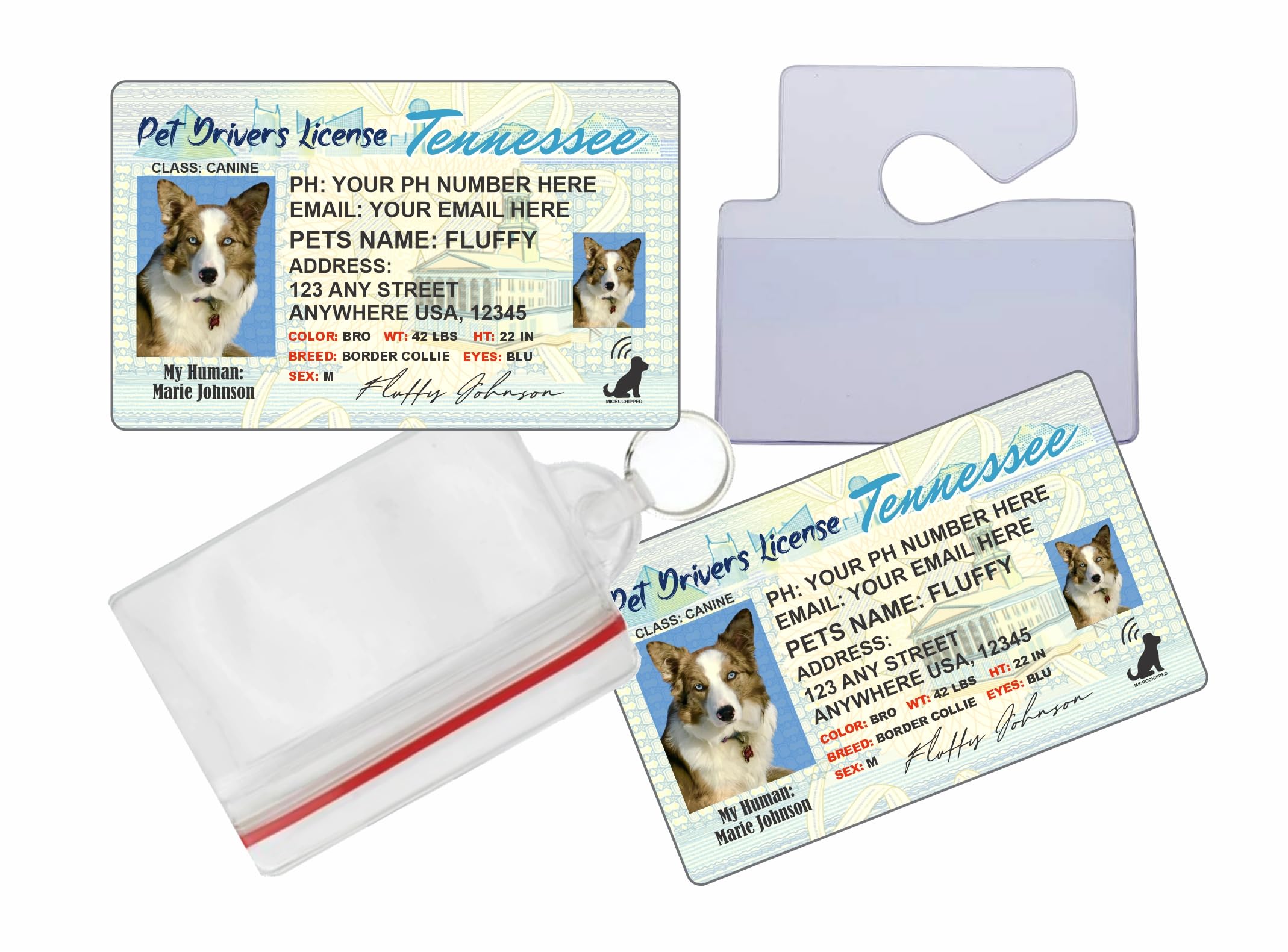Tennessee Pet Drivers License - x 2 Full Sized Cards - Pet Identification Tags - Personalized ID for Dogs, Cats or Any Pet - Accessories Included