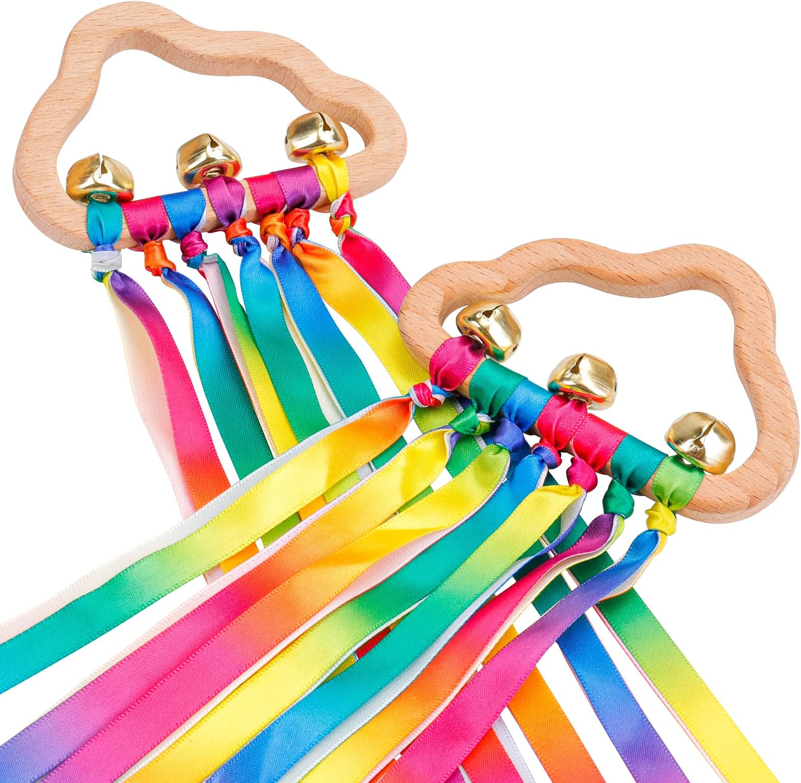 2PCS Sensory Wooden Ring Baby Toys - Babies Rainbow Ribbon Rattle Toy Educational Toddler Play Toy with Bells