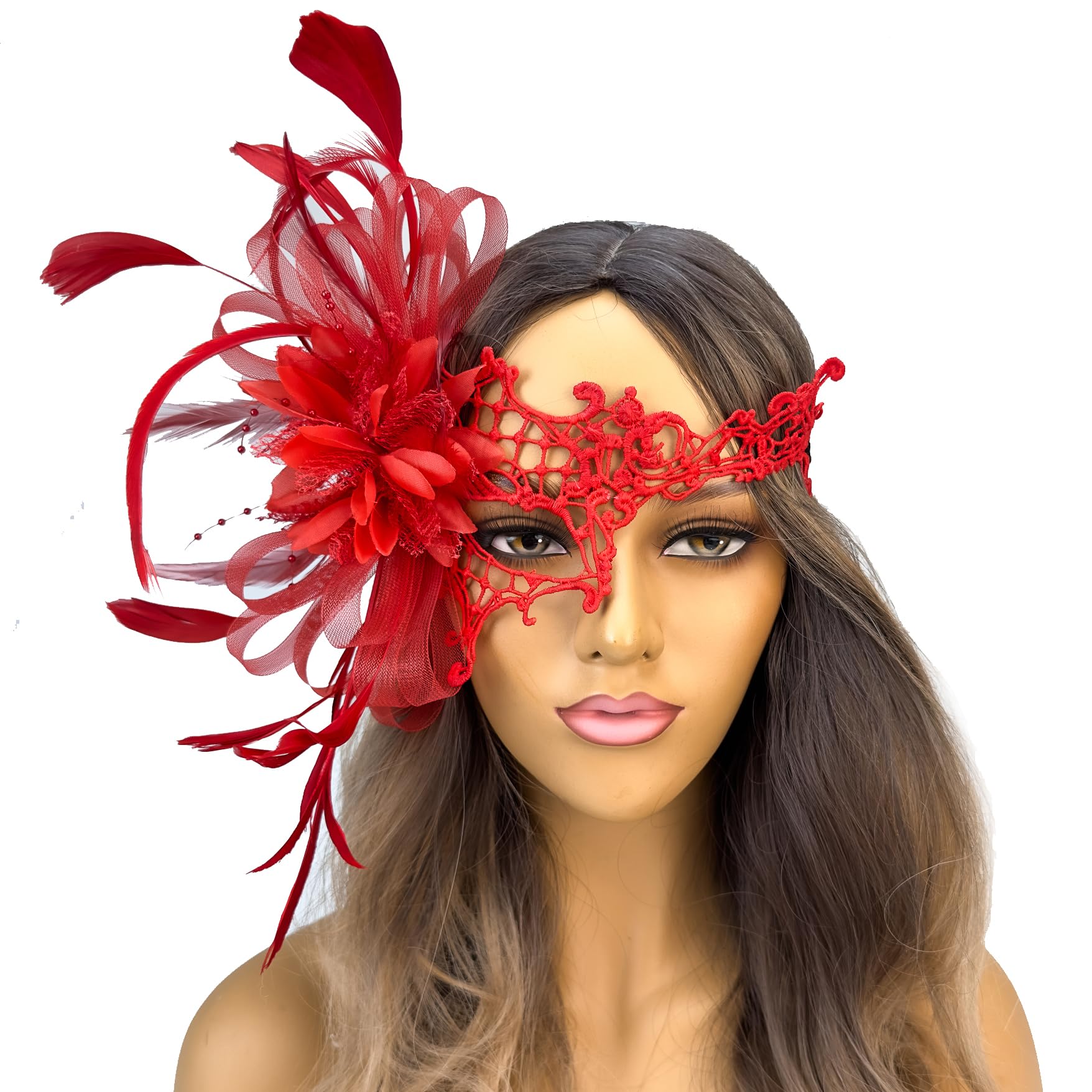 Feather Lace Masquerade Mask for Women - Phantom Mask, Venetian Mardi Gras, Burlesque Brocade