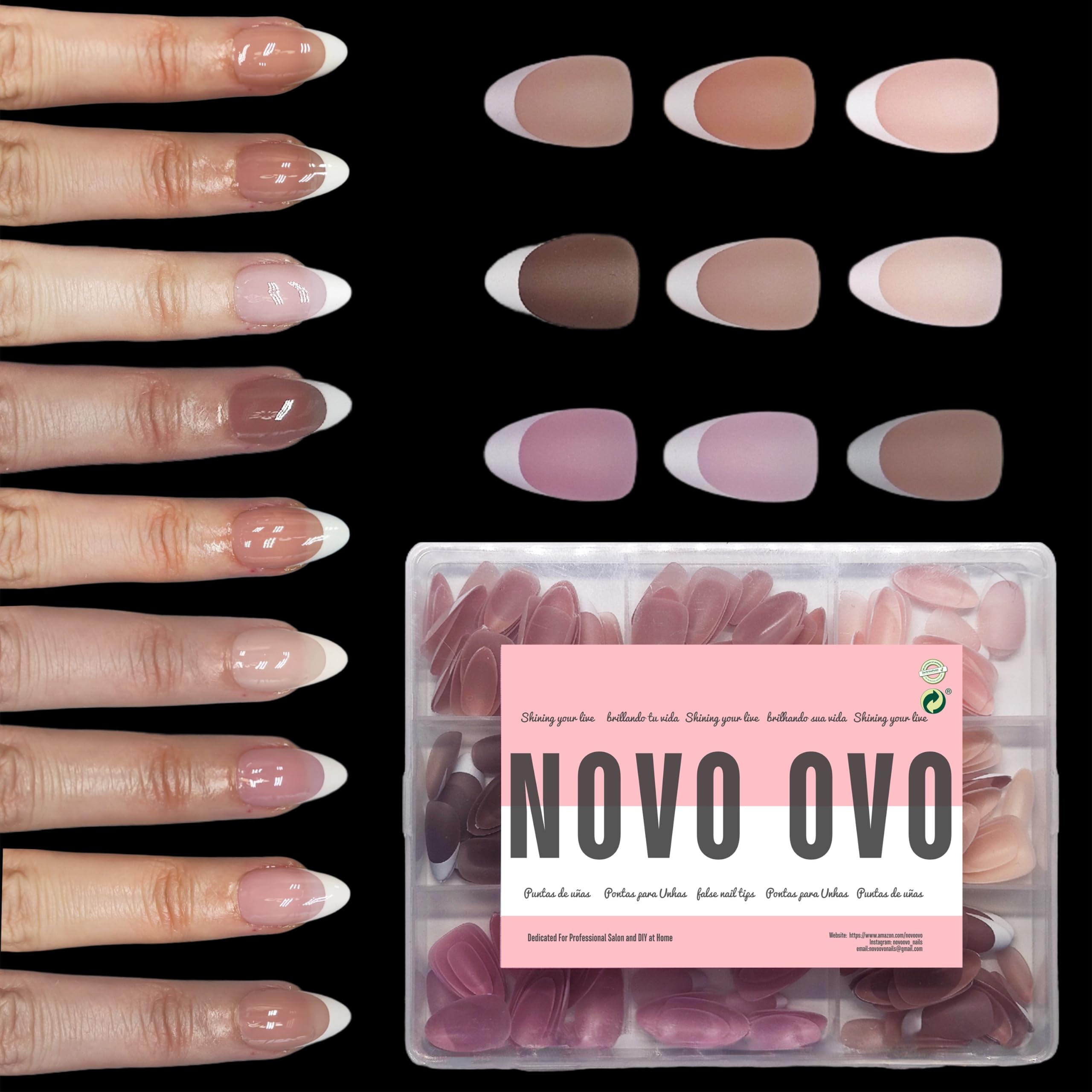 NOVO OVONail Tips Press on French Tip Short Almond, Mixed 9 Color Soft Gel Acrylic Fake nail Extension, Pre-applied Tip Primer & Base Coat, Full Cover Matte False Nails for DIY x 15 Sizes 270Pcs