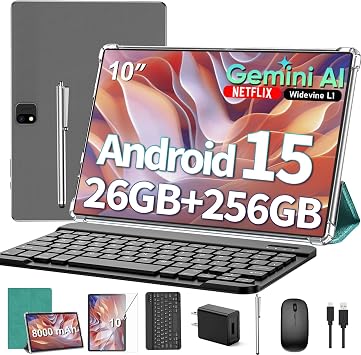 2026 Gemini AI 10 inch Tablet - Android 15 Tablet with Keyboard, Green Case | 24GB+256GB+2TB Expand, Gemini AI Tablet PC with 8-Core, 5G WiFi, 8000mAh, GMS, GPS, 2-in-1 Tablet with Case, Mouse, Stylus