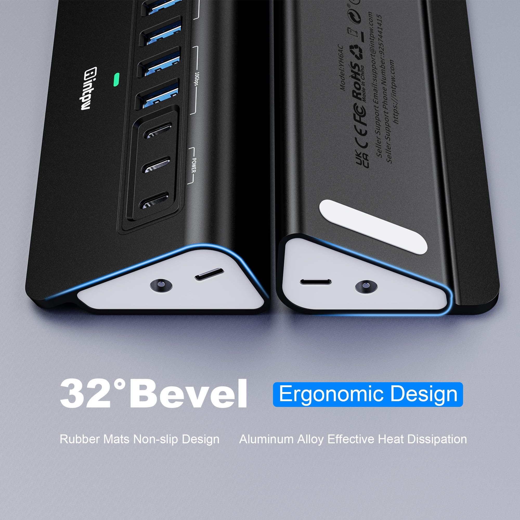 intpw Hub USB alimentato da 10 Gbps, hub USB 3.2 a 9 porte, hub USB C con 3 USB 3.2, 4 USB 3.0, 2 porte di ricarica PD da 45 W, cavo da 3,3 m e adattatore di alimentazione da 65 W, hub USB in