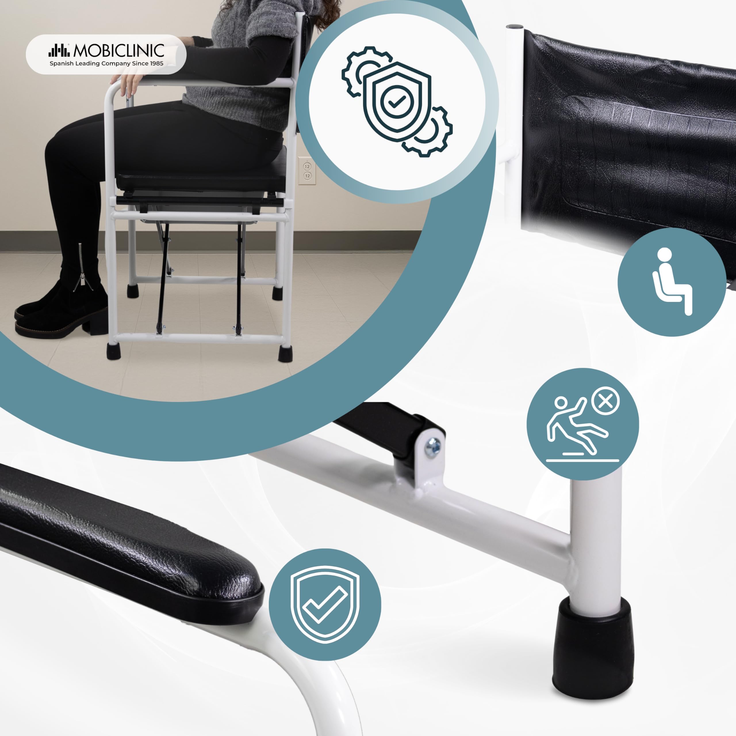 Mobiclinic®, Sedia Comoda WC, Pieghevole, Ebro, con Braccioli, Seduta Imbottita, Secchiello e Coperchio Rimovibili, Terminali Antiscivolo, Max. 100 Kg, Acciaio Cromato