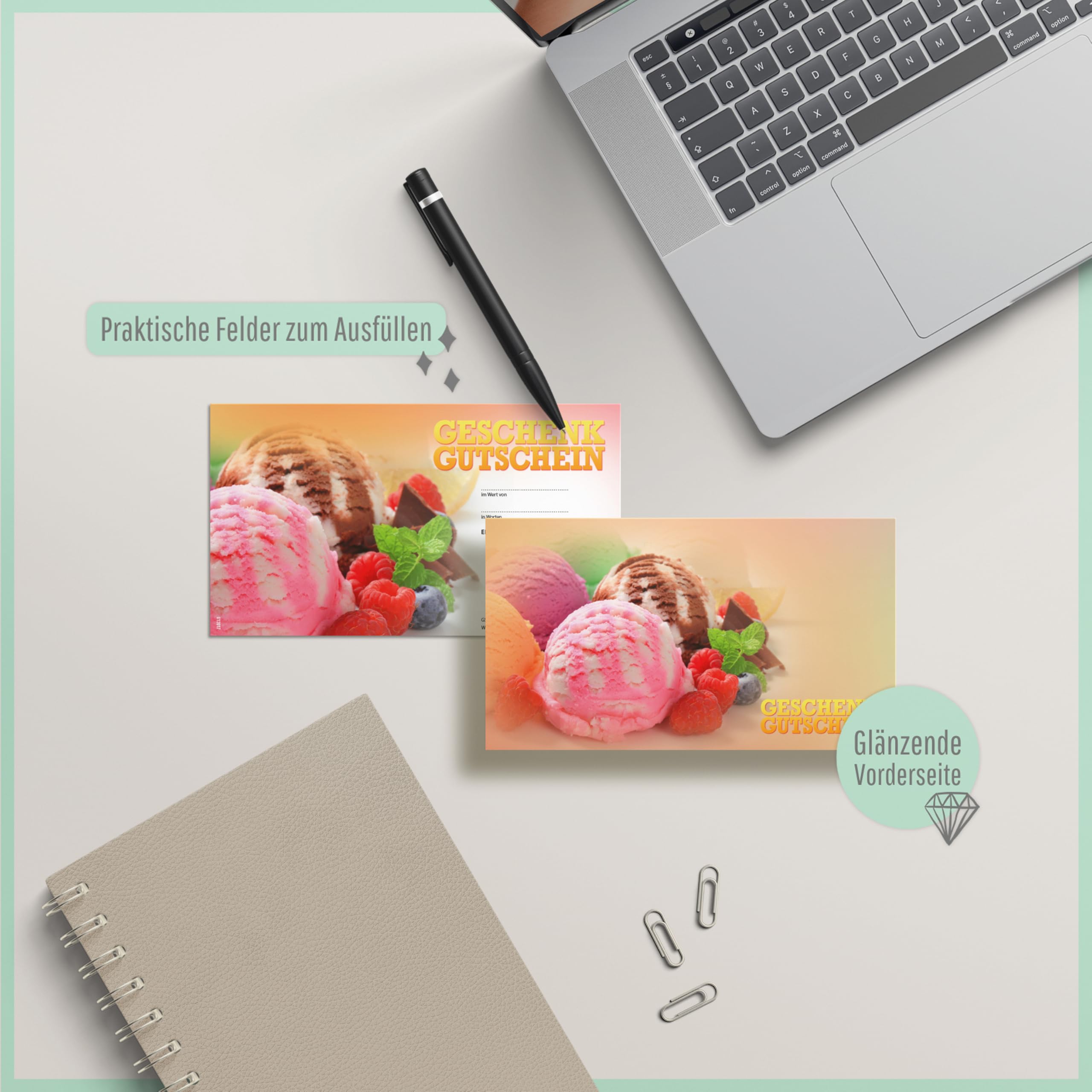100 Gutscheine, blanko zum selber Ausfüllen. Für Eissalon Eis-Café Eisdiele Gastronomie.