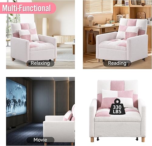 Miniatura 6 de Sofá cama cama convertible 3 en 1, silla convertible multifuncional, tela de peluche suave para sala de estar, apartamento, oficina (blanco y rosa)